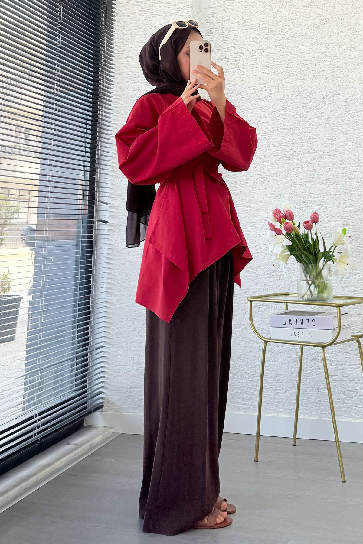 Premium Asimetrik Kesim Kuşaklı Poplin Bluz - Kırmızı