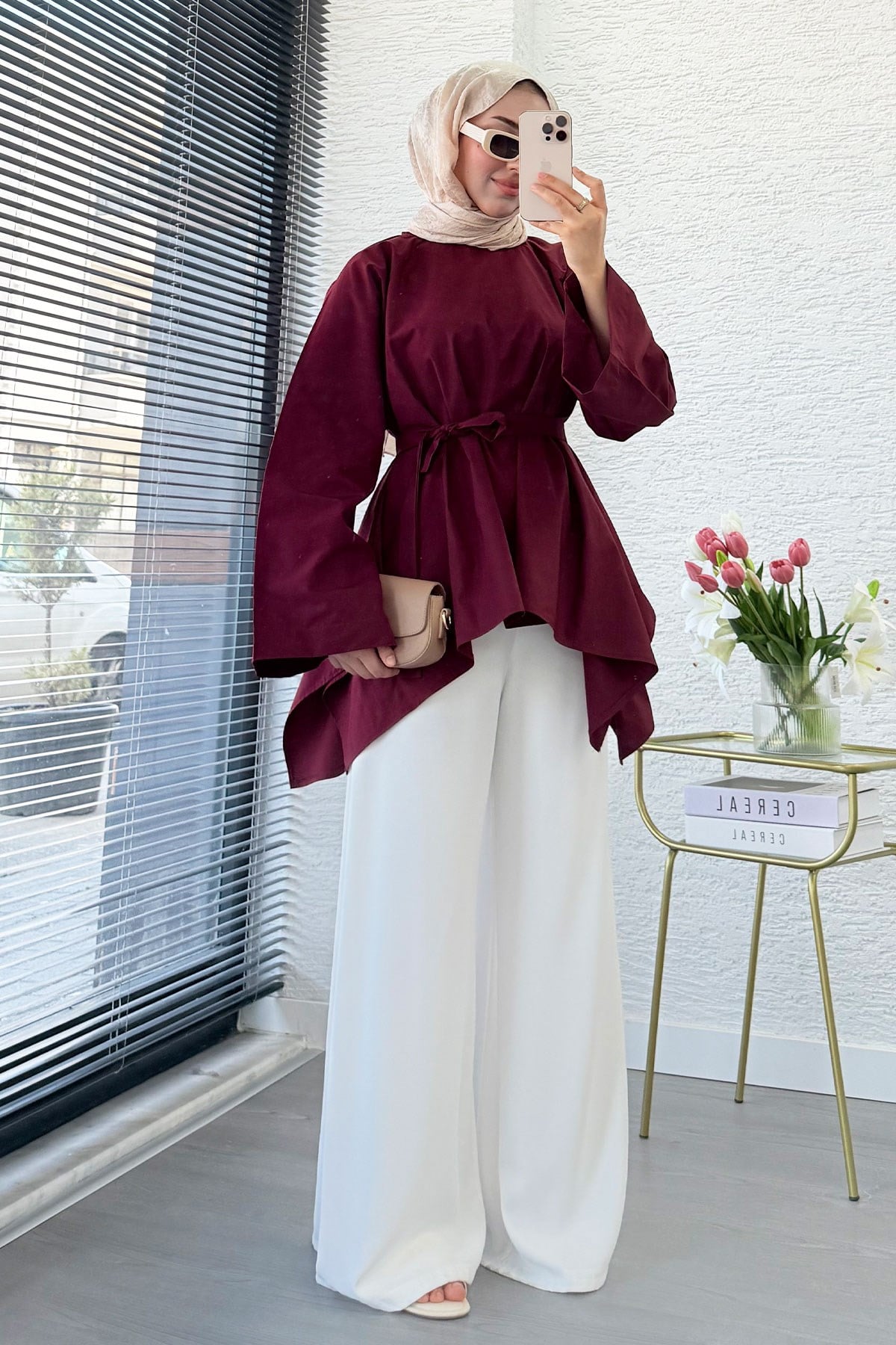 Premium Asimetrik Kesim Kuşaklı Poplin Bluz - Bordo