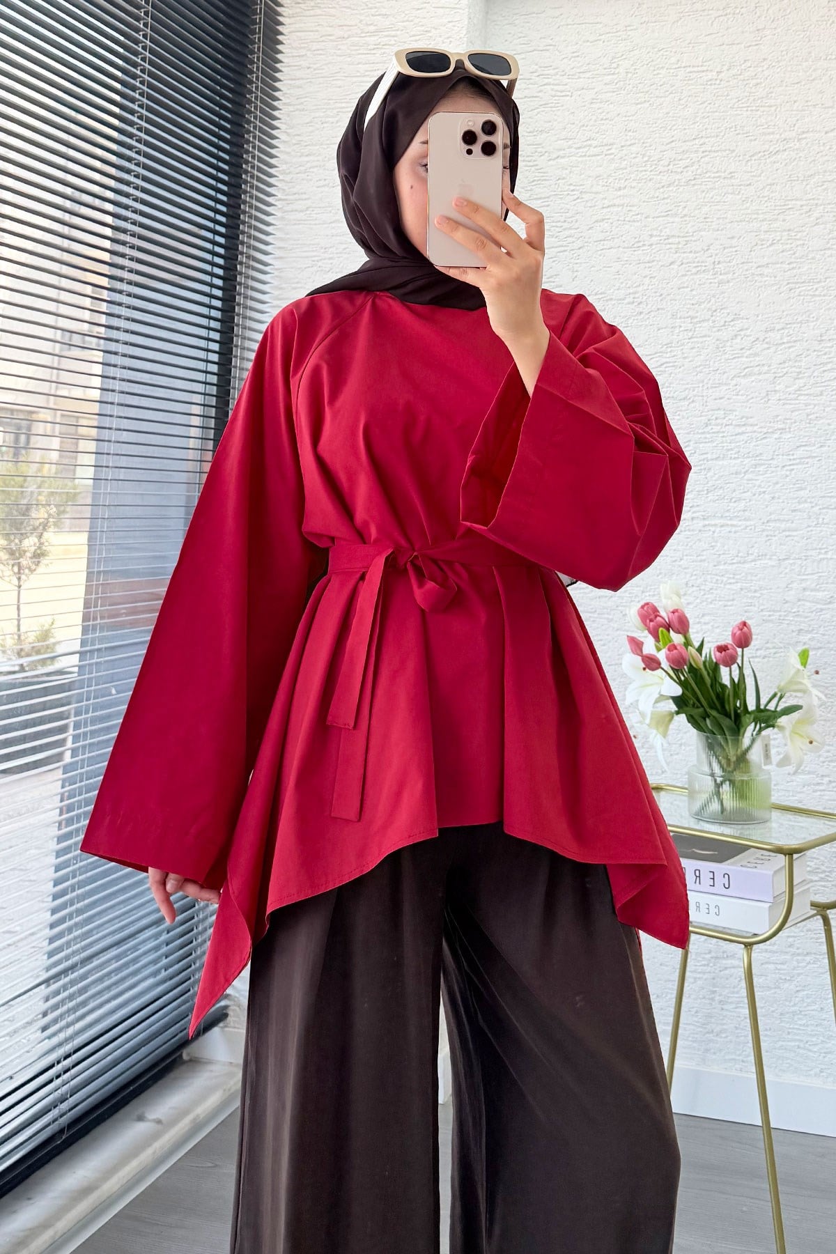Premium Asimetrik Kesim Kuşaklı Poplin Bluz - Kırmızı