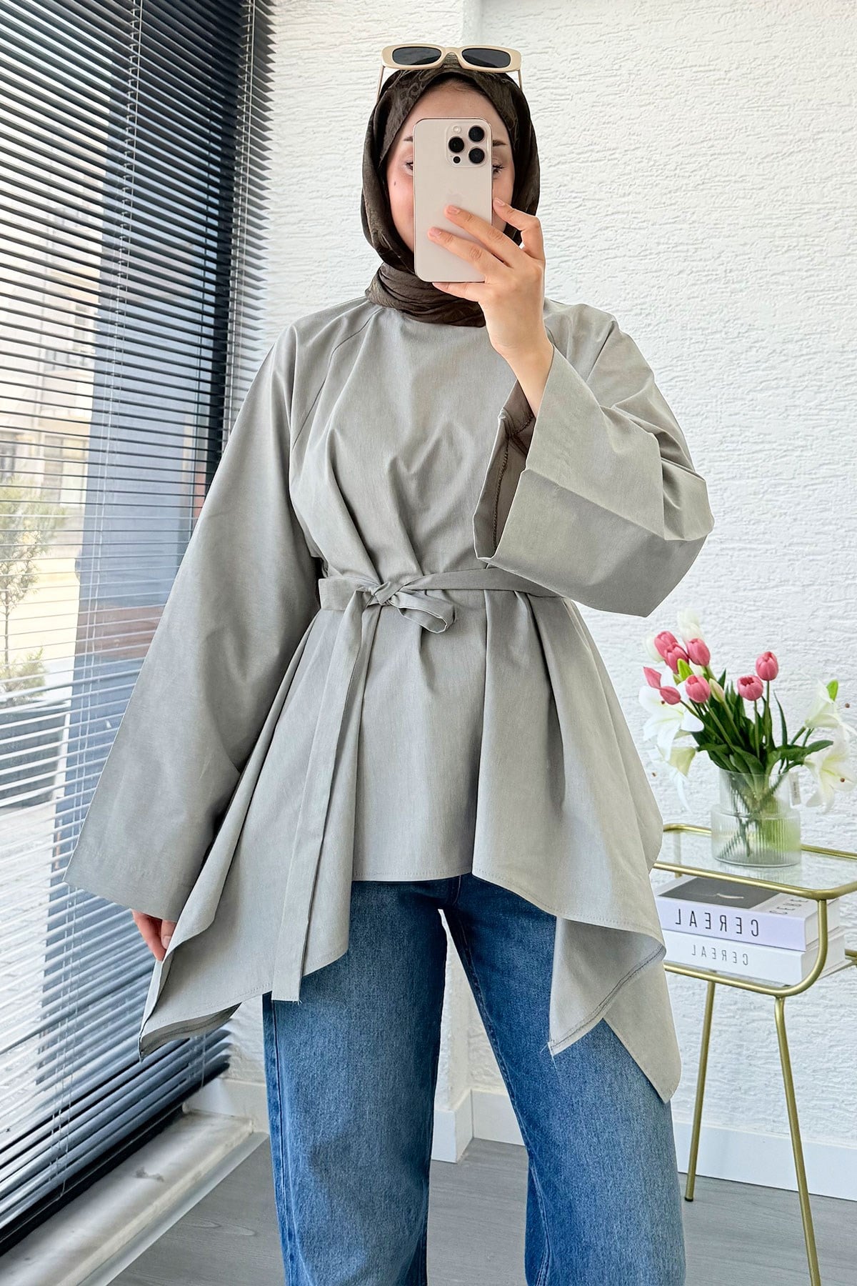 Premium Asimetrik Kesim Kuşaklı Poplin Bluz - Haki