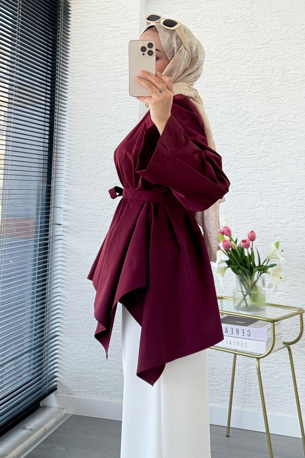 Premium Asimetrik Kesim Kuşaklı Poplin Bluz - Bordo