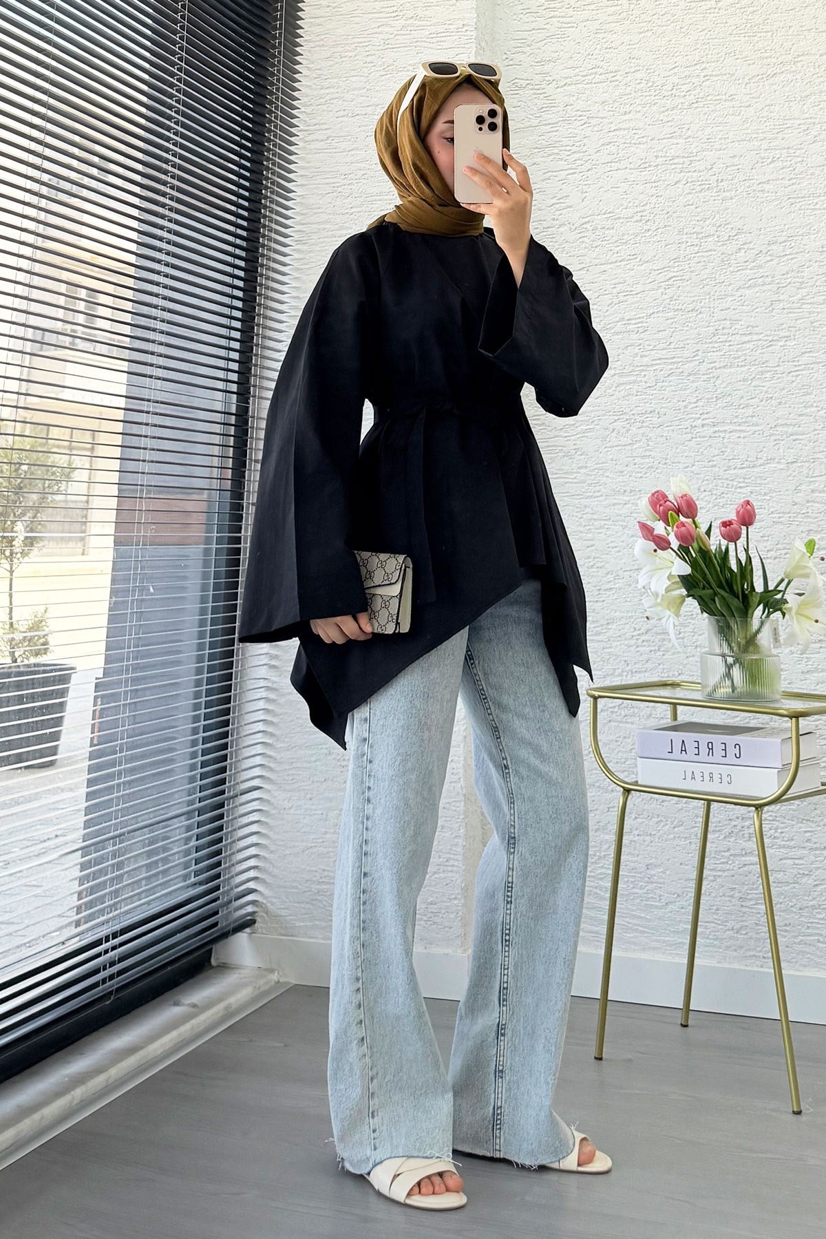 Premium Asimetrik Kesim Kuşaklı Poplin Bluz - Siyah