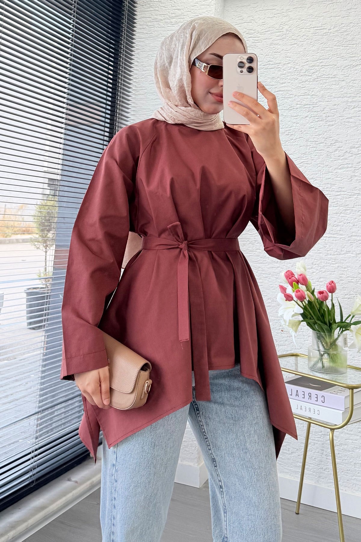 Premium Asimetrik Kesim Kuşaklı Poplin Bluz - Kiremit