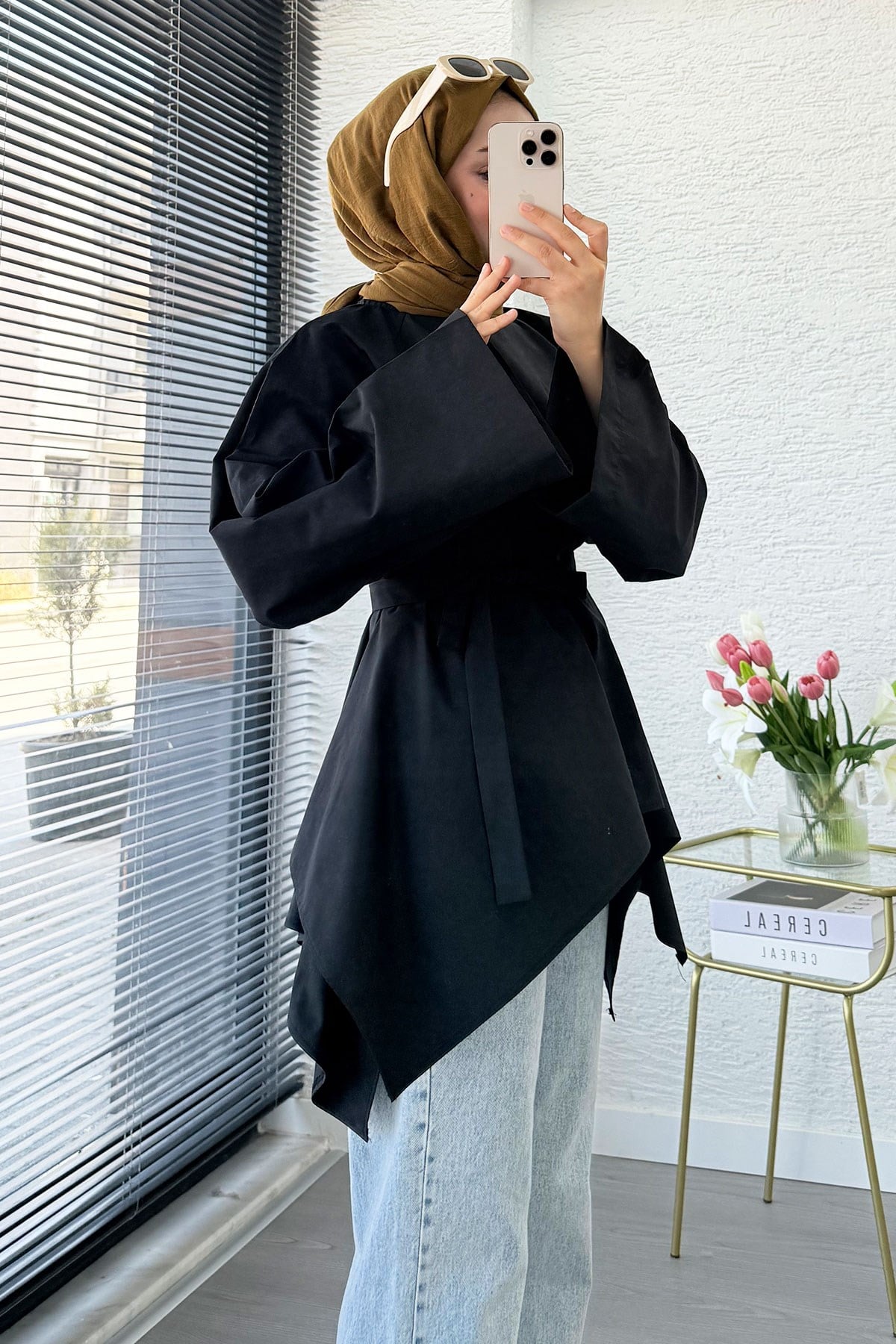 Premium Asimetrik Kesim Kuşaklı Poplin Bluz - Siyah