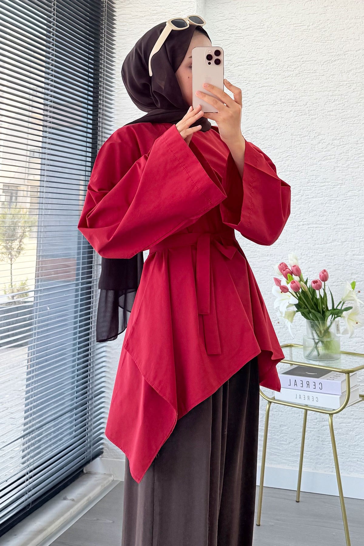 Premium Asimetrik Kesim Kuşaklı Poplin Bluz - Kırmızı