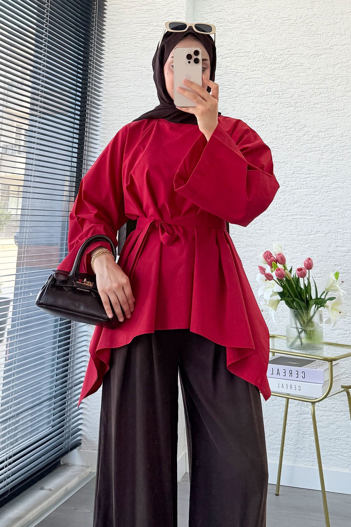 Premium Asimetrik Kesim Kuşaklı Poplin Bluz - Kırmızı