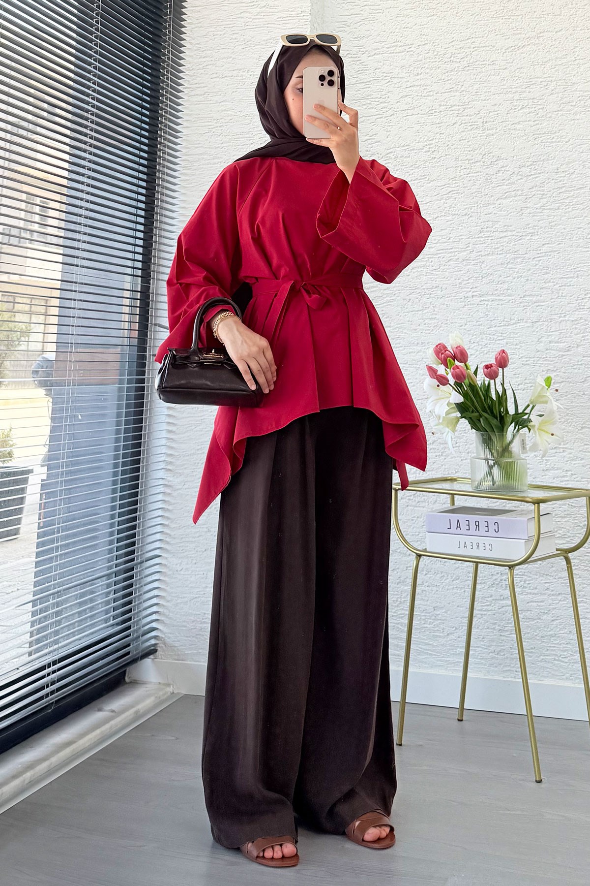 Premium Asimetrik Kesim Kuşaklı Poplin Bluz - Kırmızı