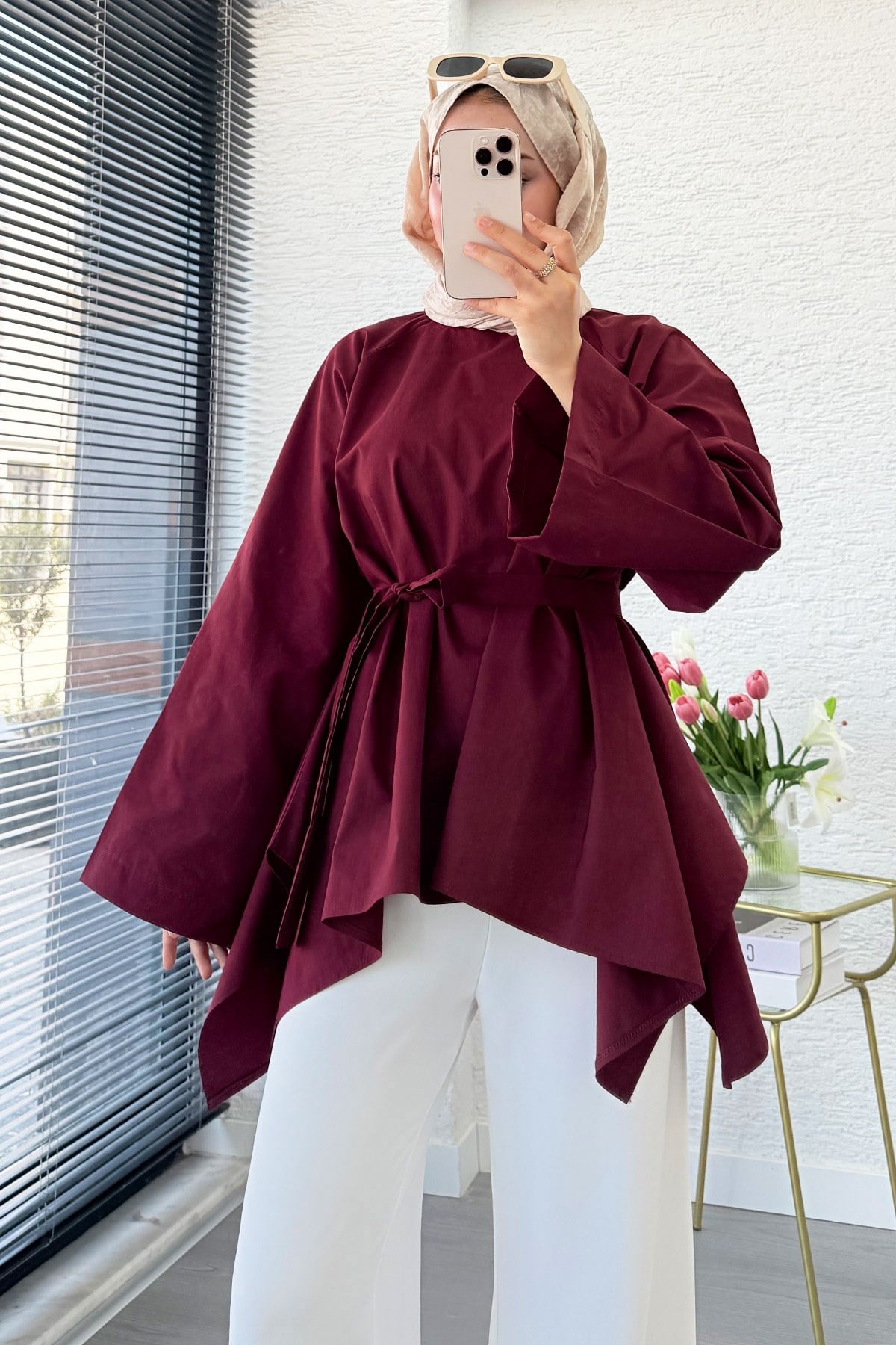 Premium Asimetrik Kesim Kuşaklı Poplin Bluz - Bordo