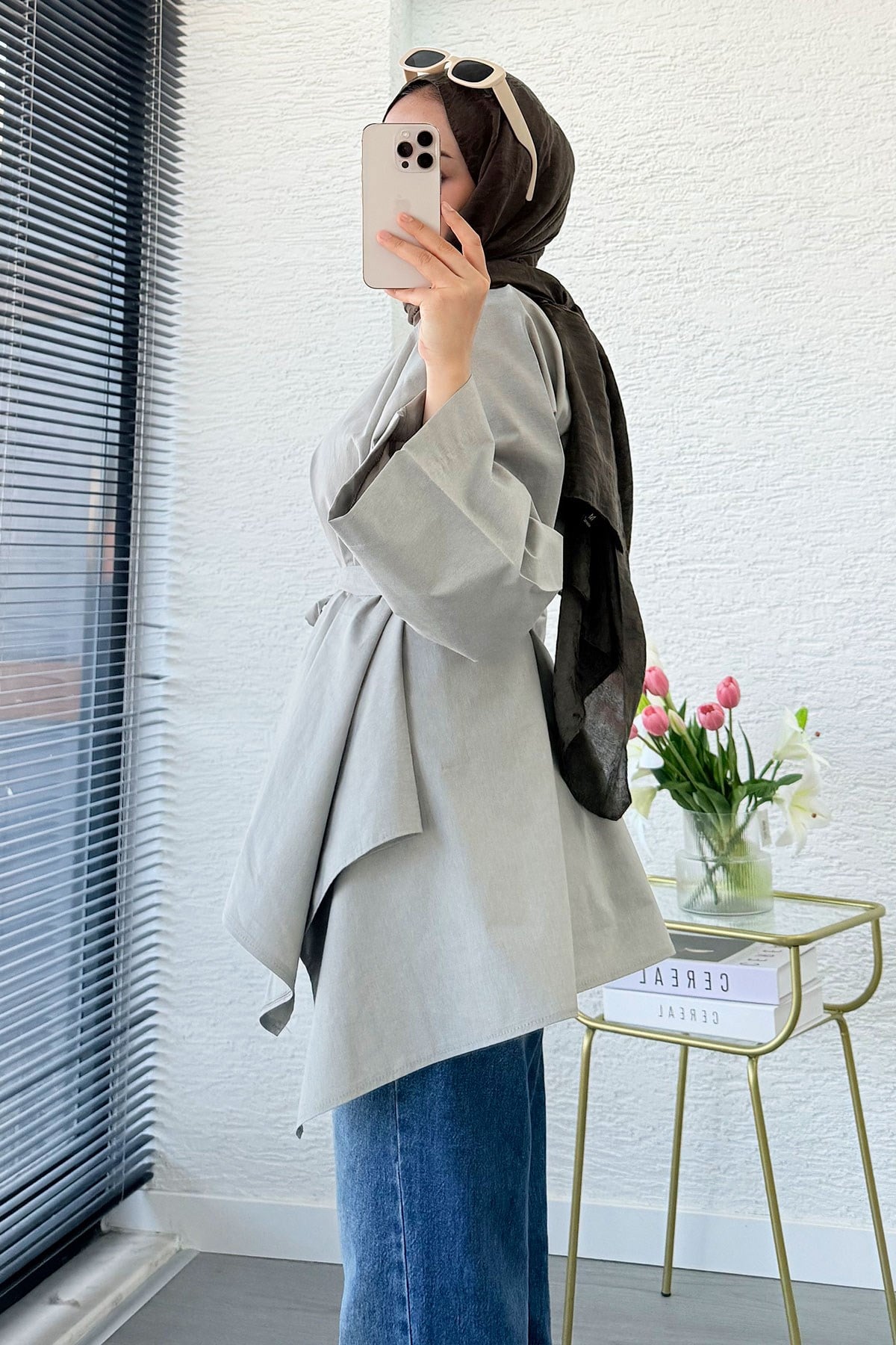 Premium Asimetrik Kesim Kuşaklı Poplin Bluz - Haki