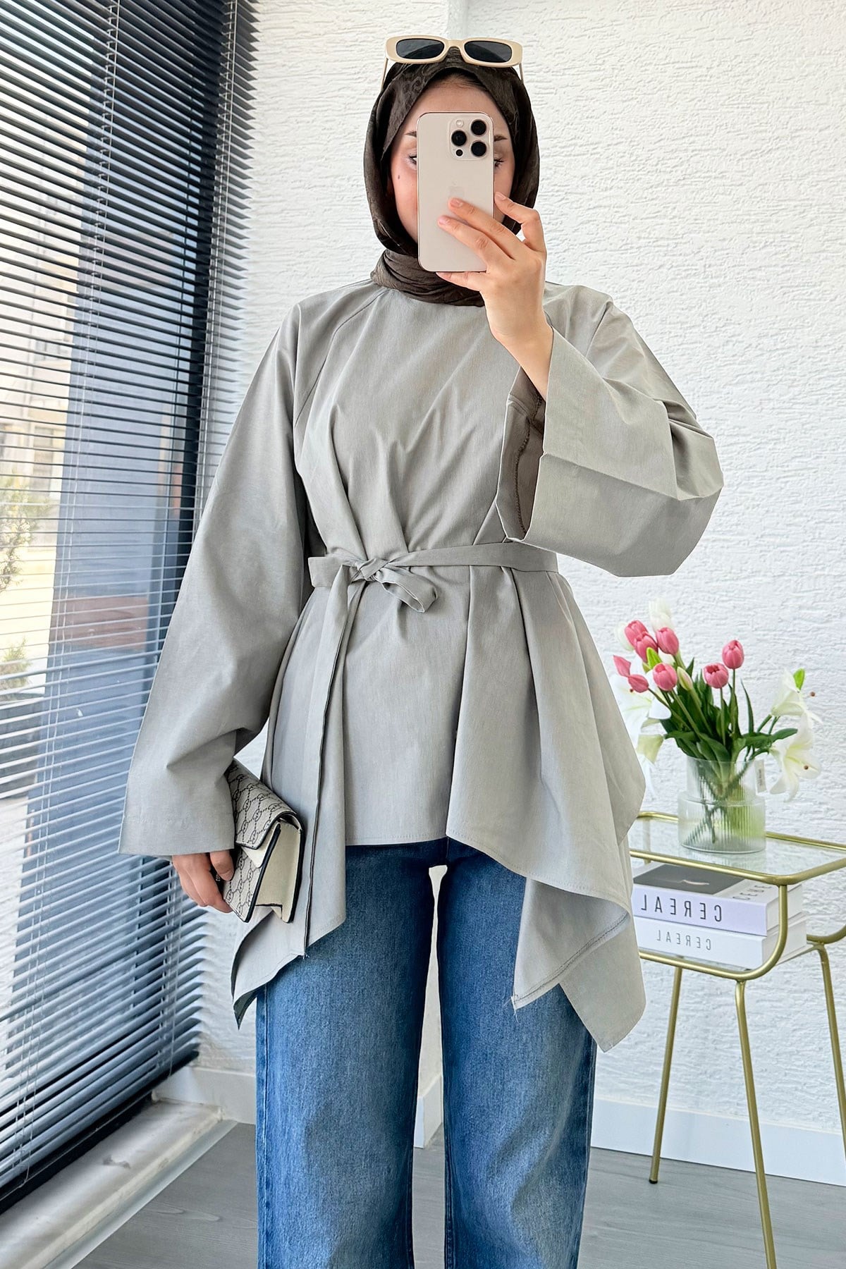 Premium Asimetrik Kesim Kuşaklı Poplin Bluz - Haki