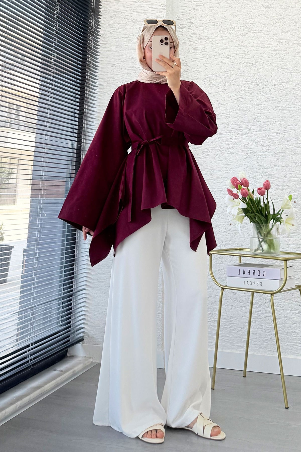 Premium Asimetrik Kesim Kuşaklı Poplin Bluz - Bordo