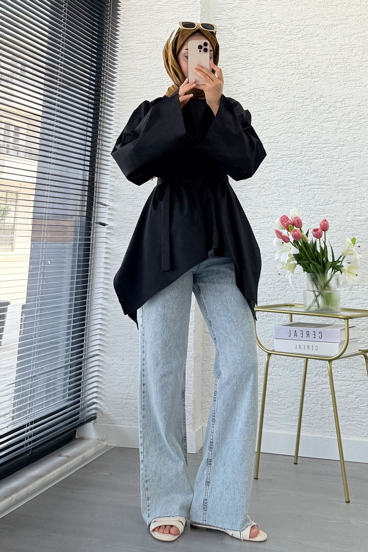 Premium Asimetrik Kesim Kuşaklı Poplin Bluz - Siyah