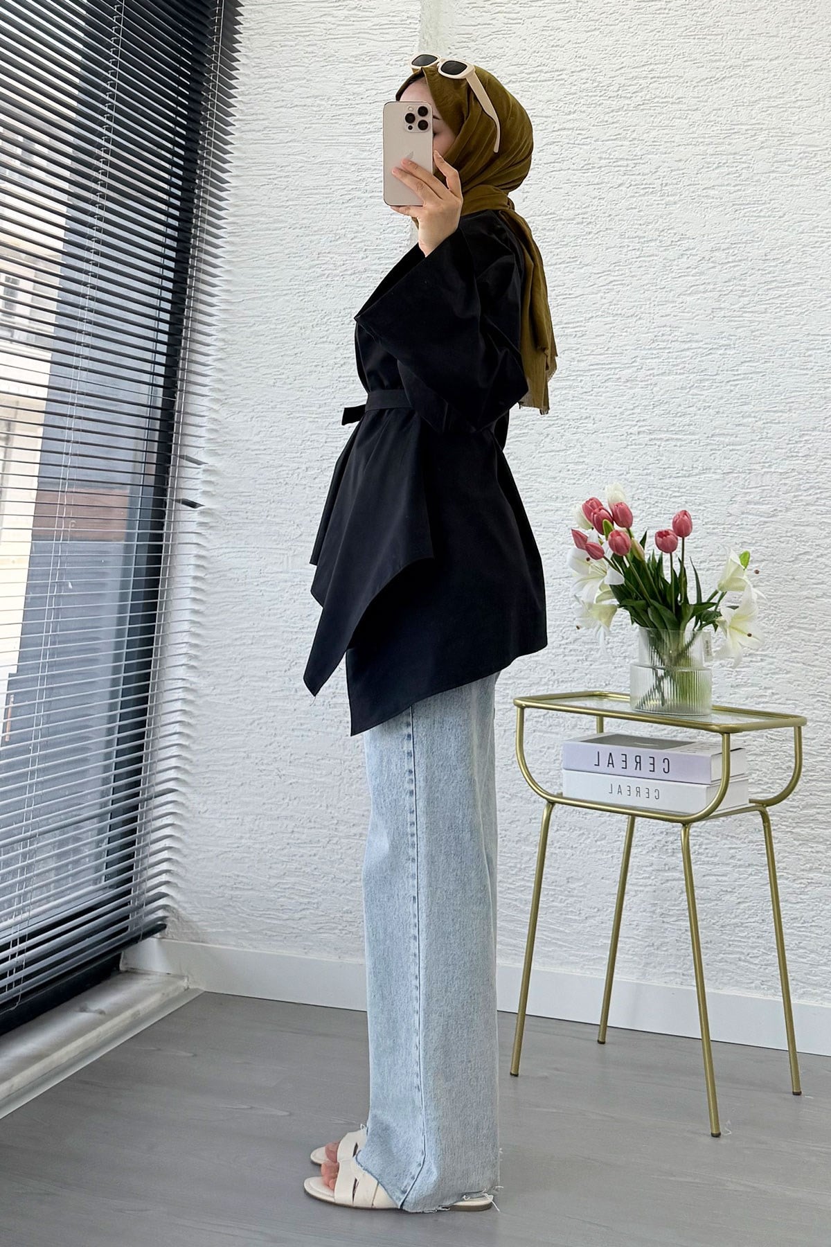 Premium Asimetrik Kesim Kuşaklı Poplin Bluz - Siyah