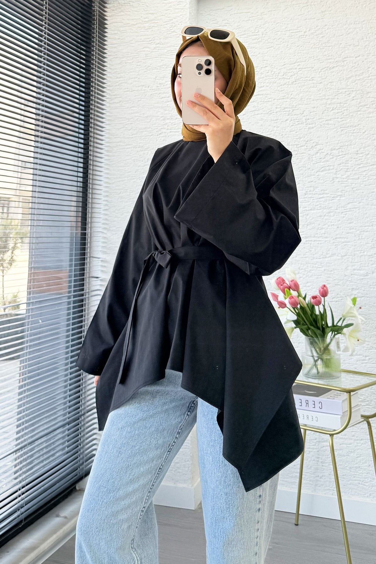 Premium Asimetrik Kesim Kuşaklı Poplin Bluz - Siyah