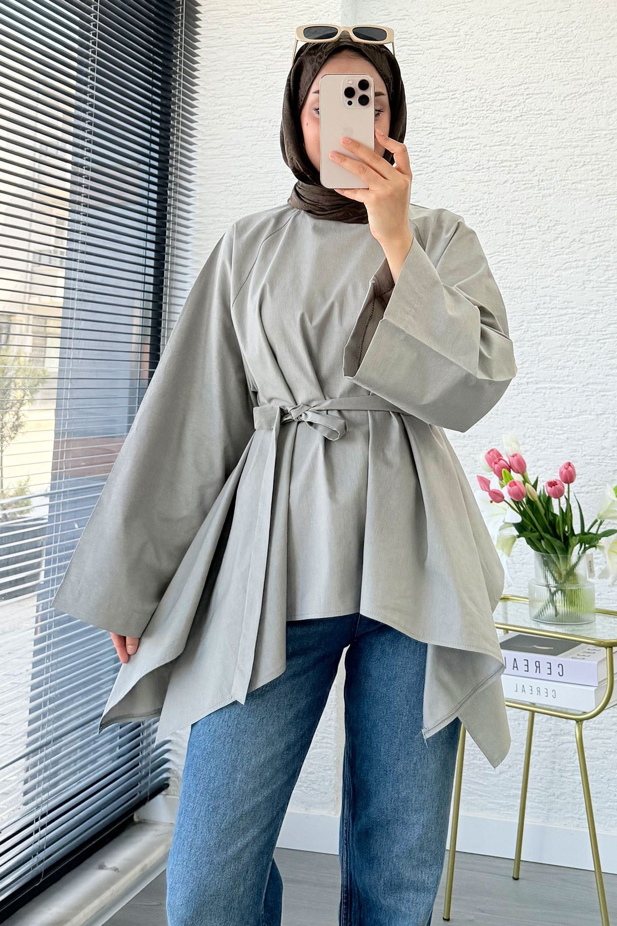 Premium Asimetrik Kesim Kuşaklı Poplin Bluz - Haki