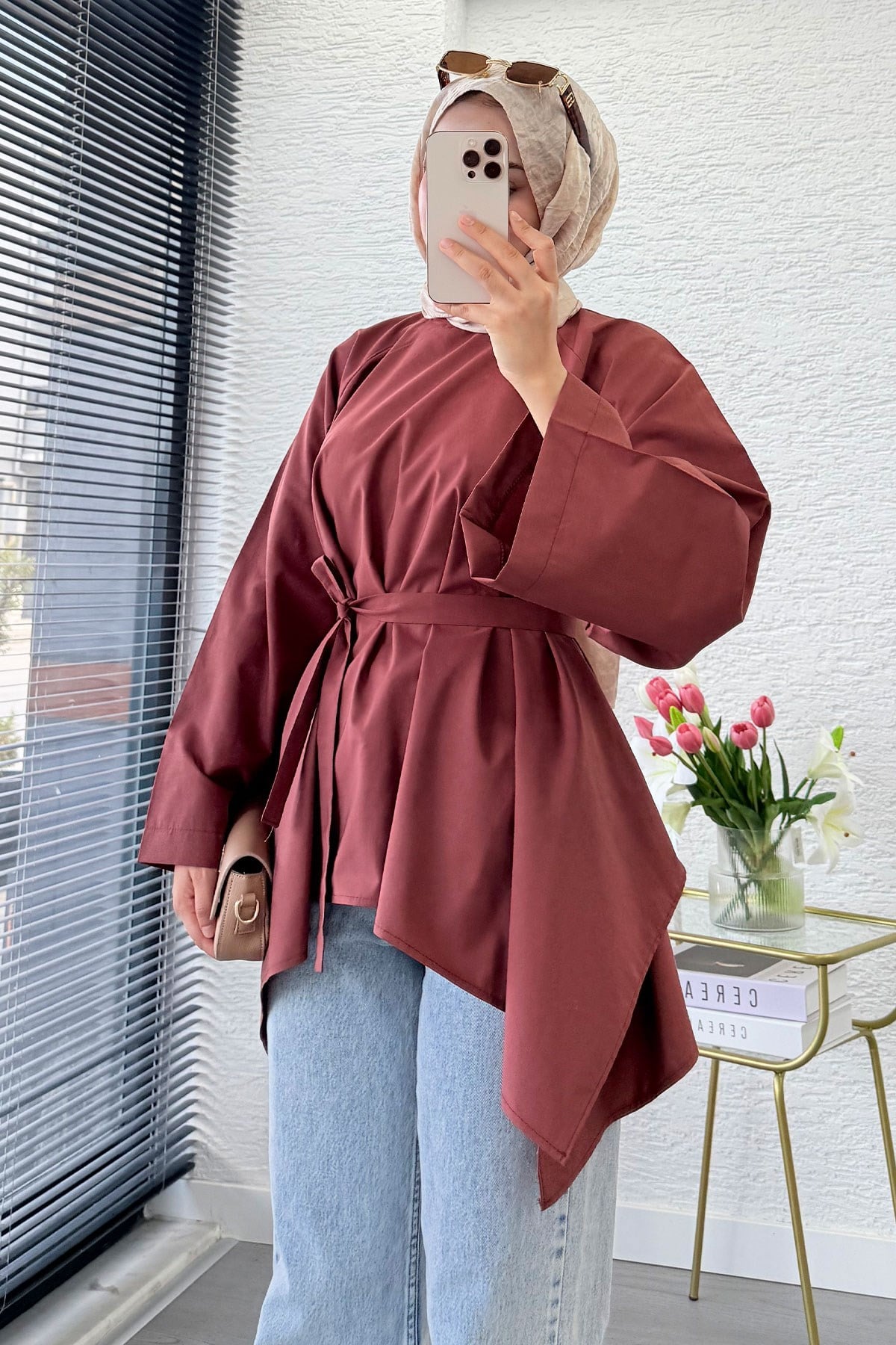 Premium Asimetrik Kesim Kuşaklı Poplin Bluz - Kiremit