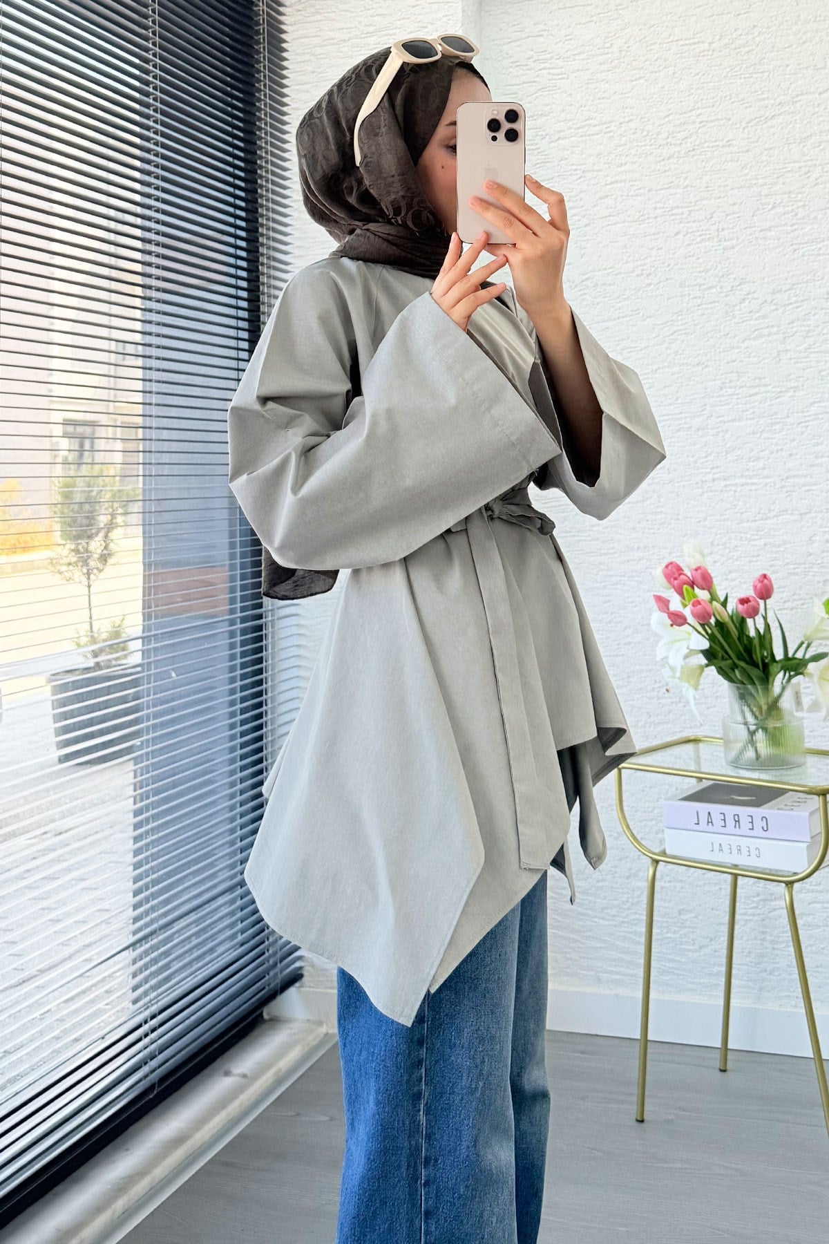 Premium Asimetrik Kesim Kuşaklı Poplin Bluz - Haki