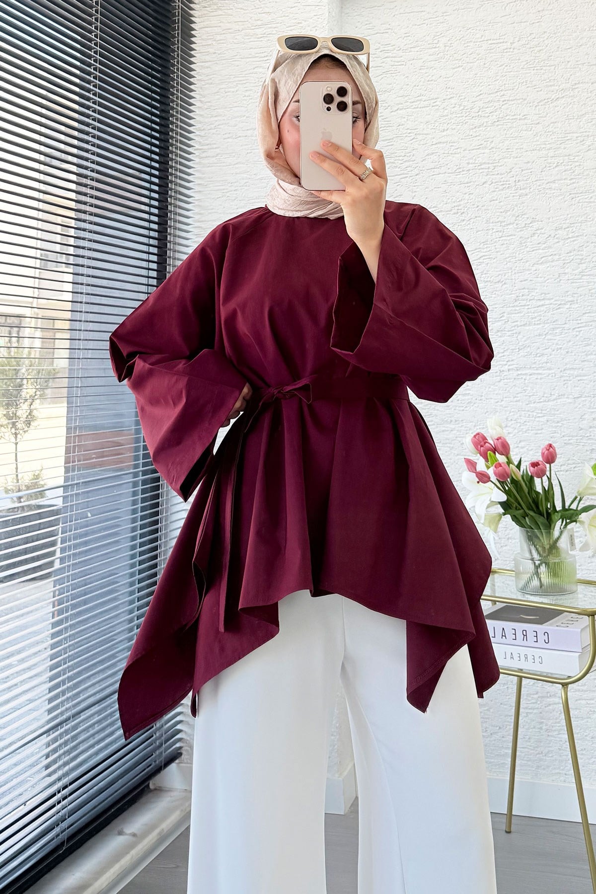 Premium Asimetrik Kesim Kuşaklı Poplin Bluz - Bordo