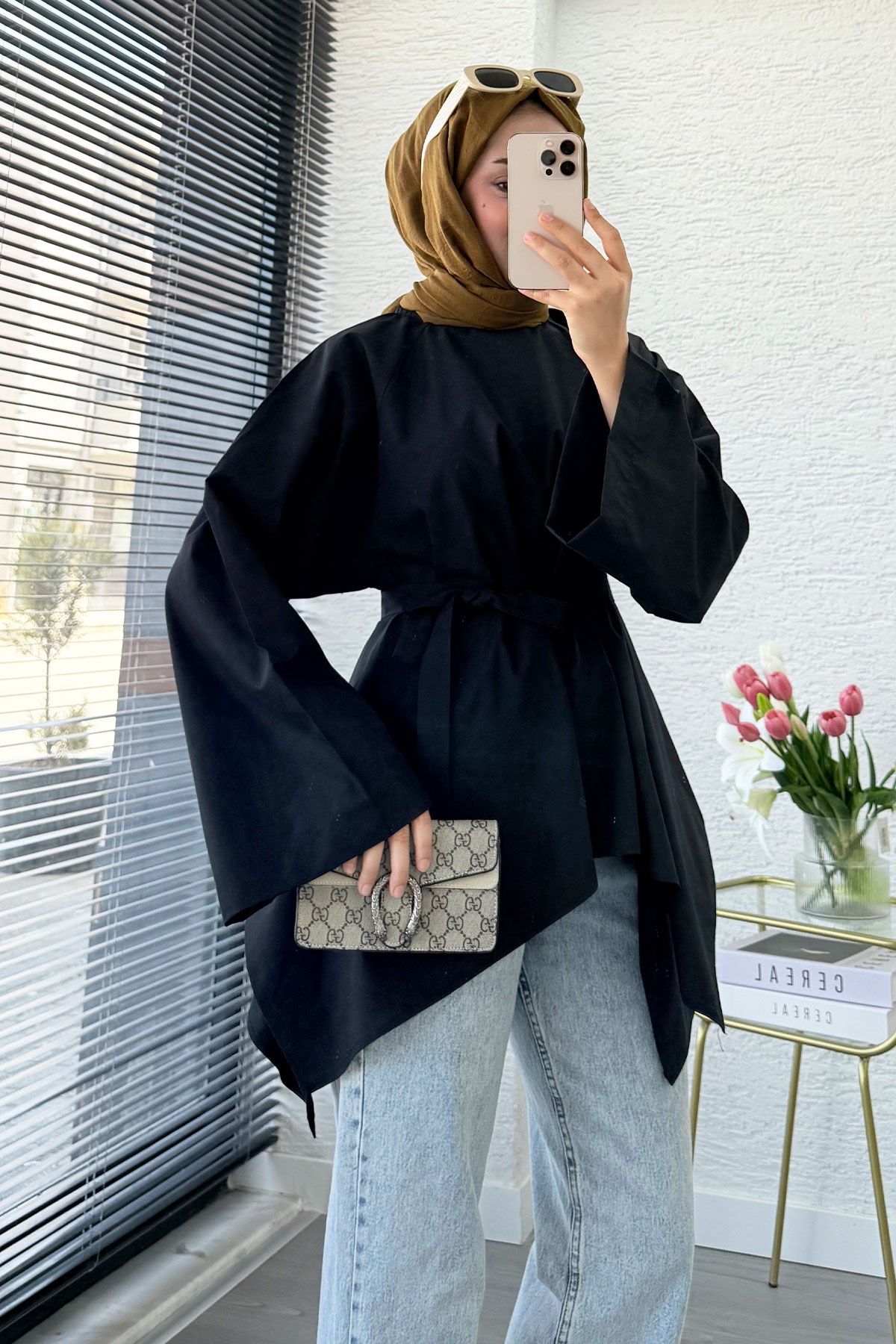 Premium Asimetrik Kesim Kuşaklı Poplin Bluz - Siyah