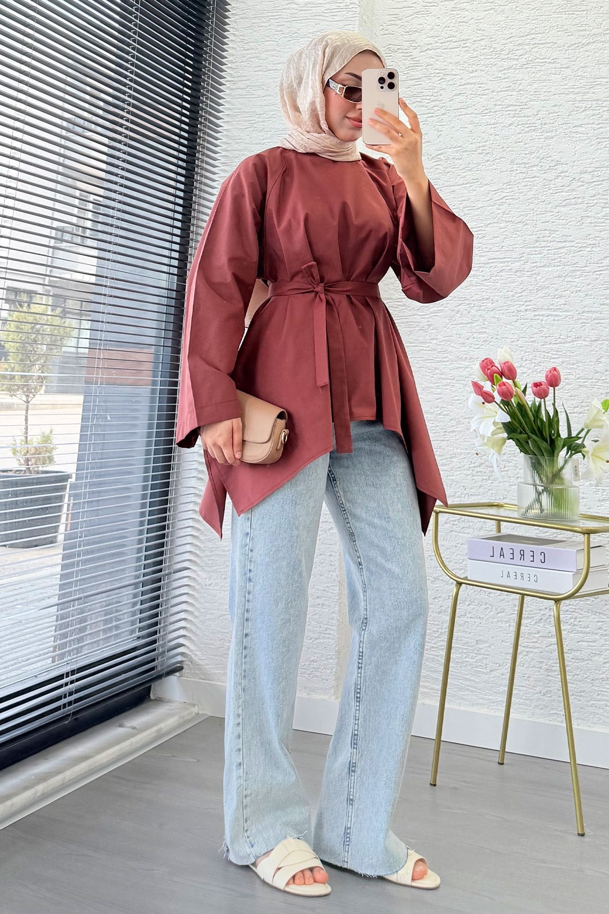 Premium Asimetrik Kesim Kuşaklı Poplin Bluz - Kiremit