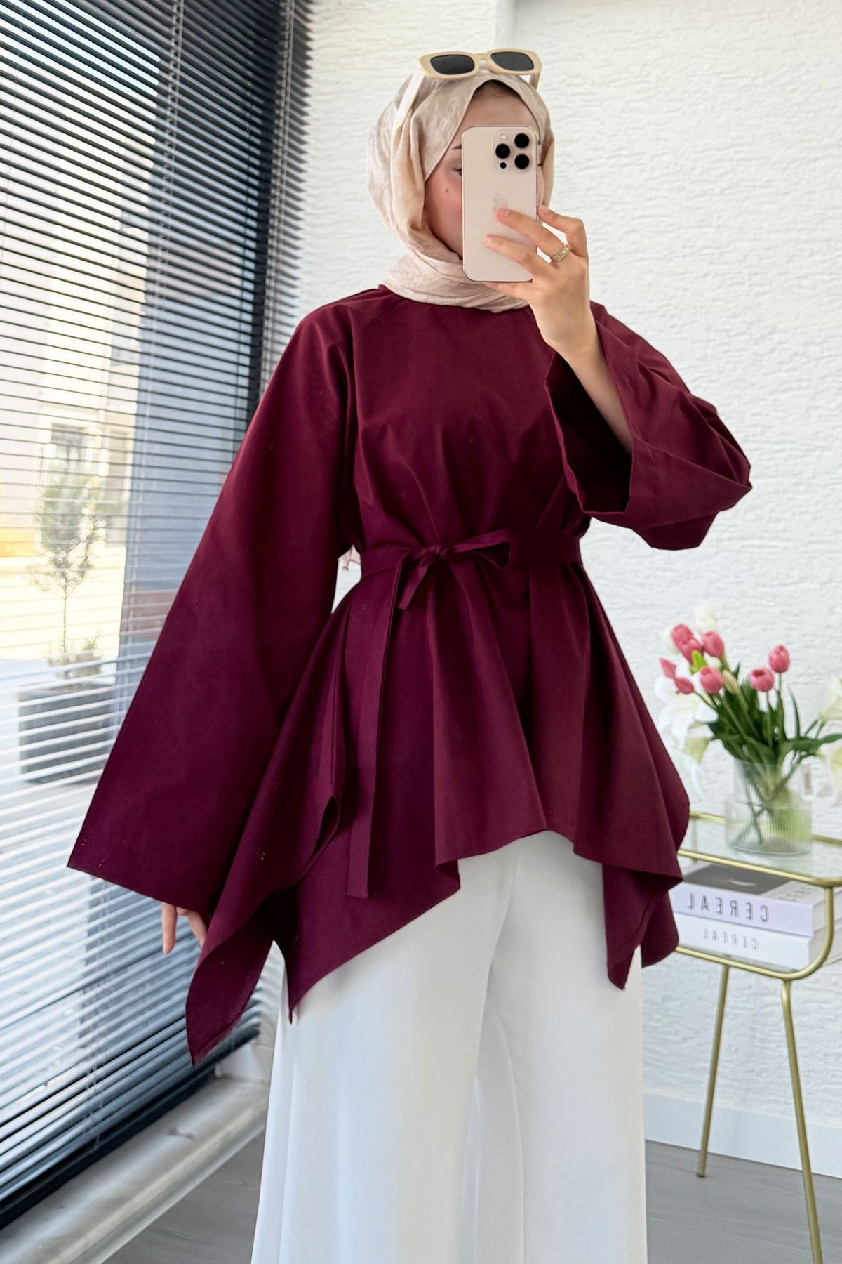 Premium Asimetrik Kesim Kuşaklı Poplin Bluz - Bordo