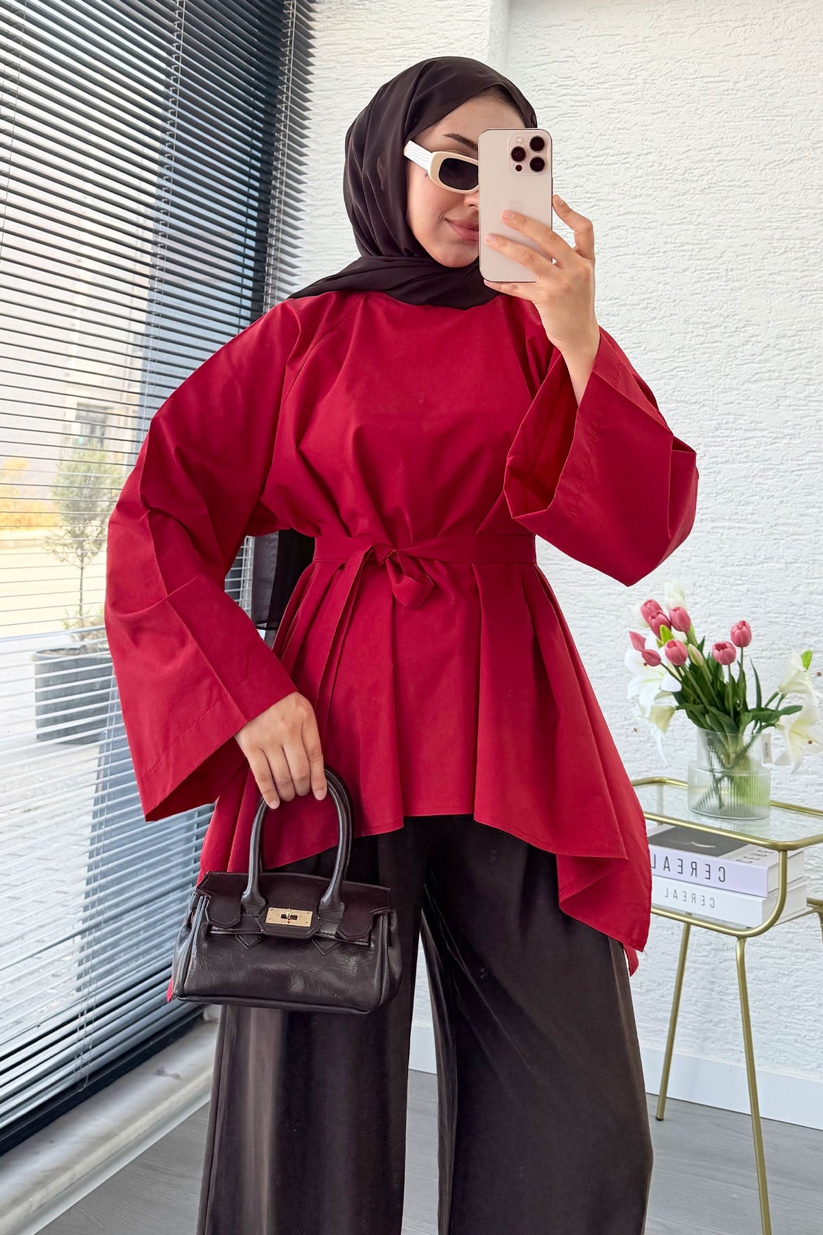 Premium Asimetrik Kesim Kuşaklı Poplin Bluz - Kırmızı