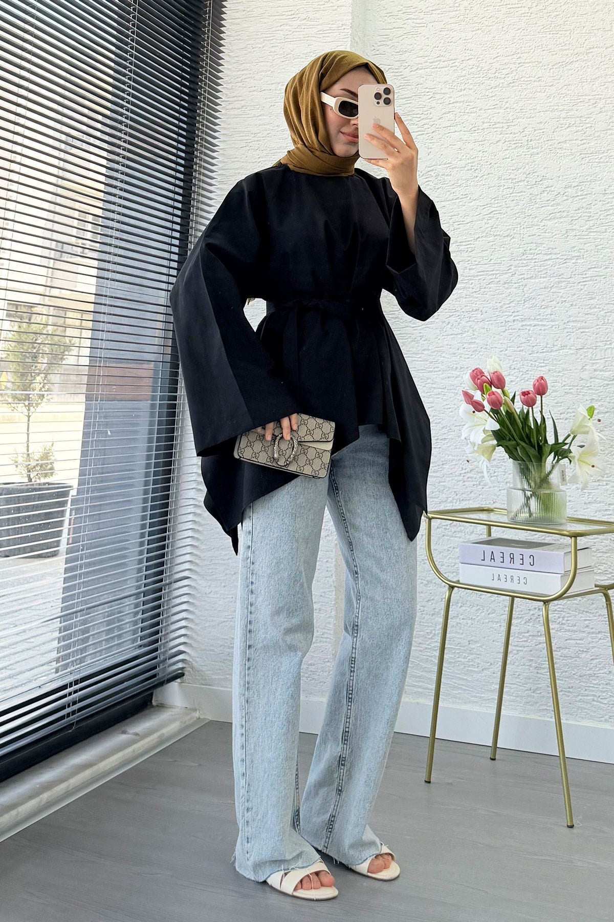 Premium Asimetrik Kesim Kuşaklı Poplin Bluz - Siyah