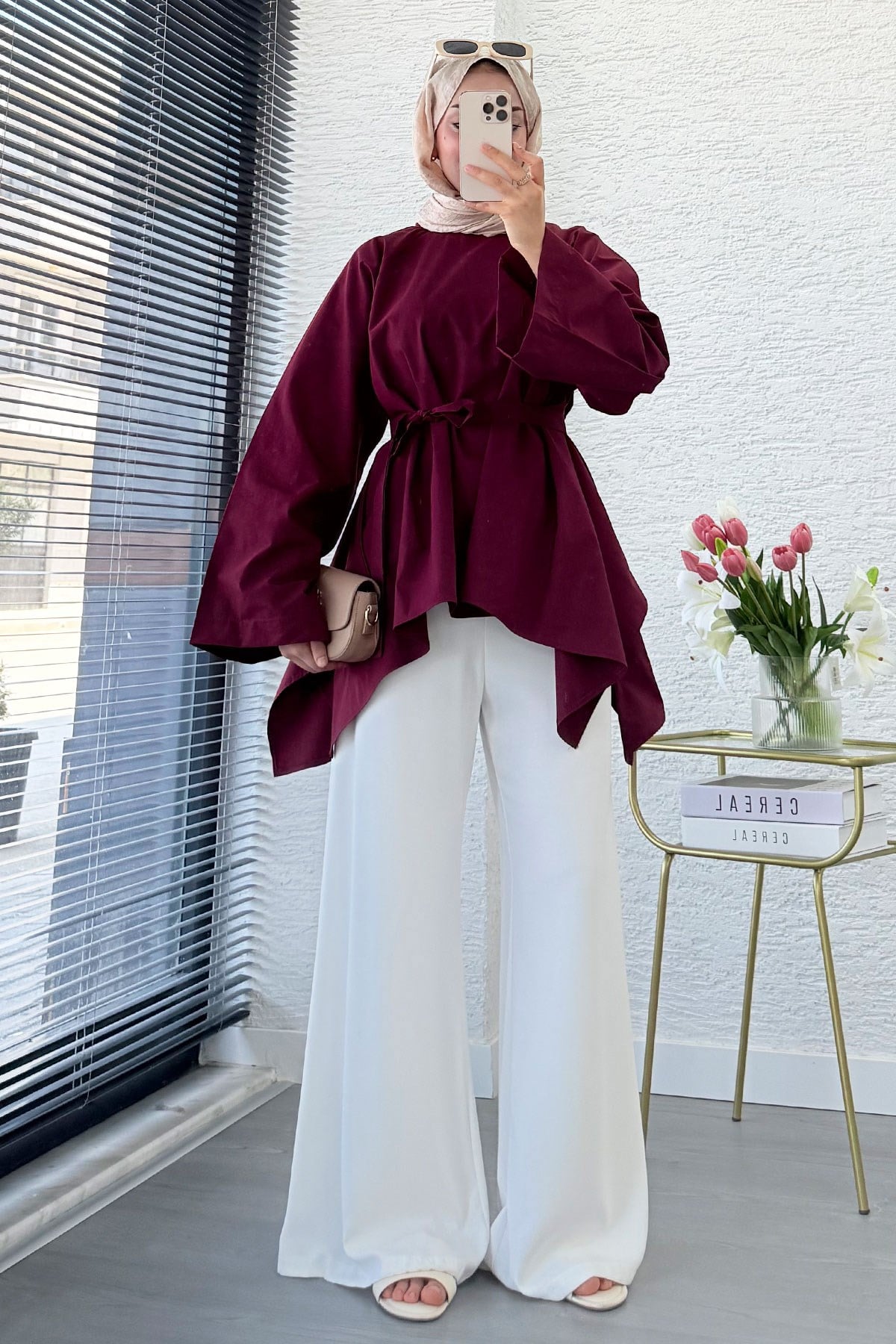 Premium Asimetrik Kesim Kuşaklı Poplin Bluz - Bordo