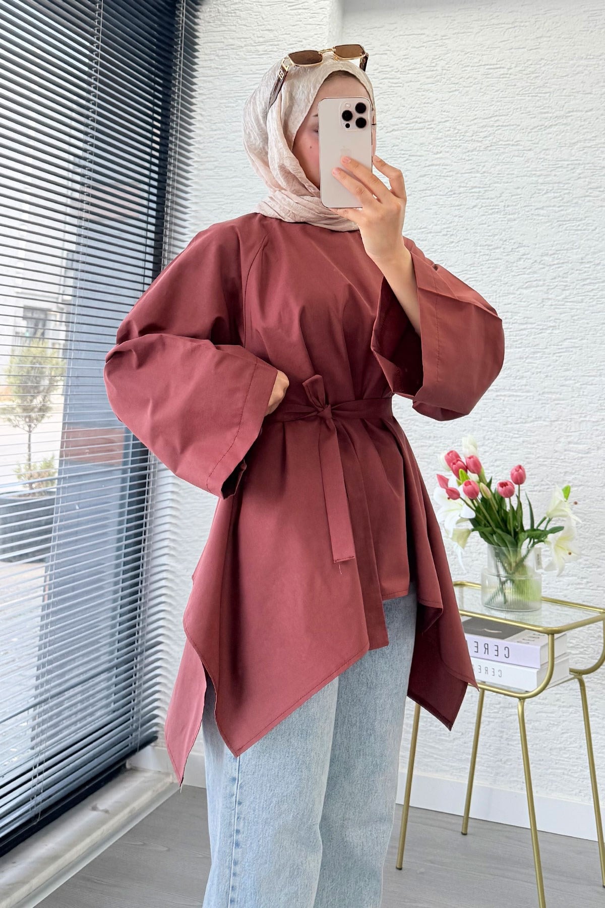 Premium Asimetrik Kesim Kuşaklı Poplin Bluz - Kiremit