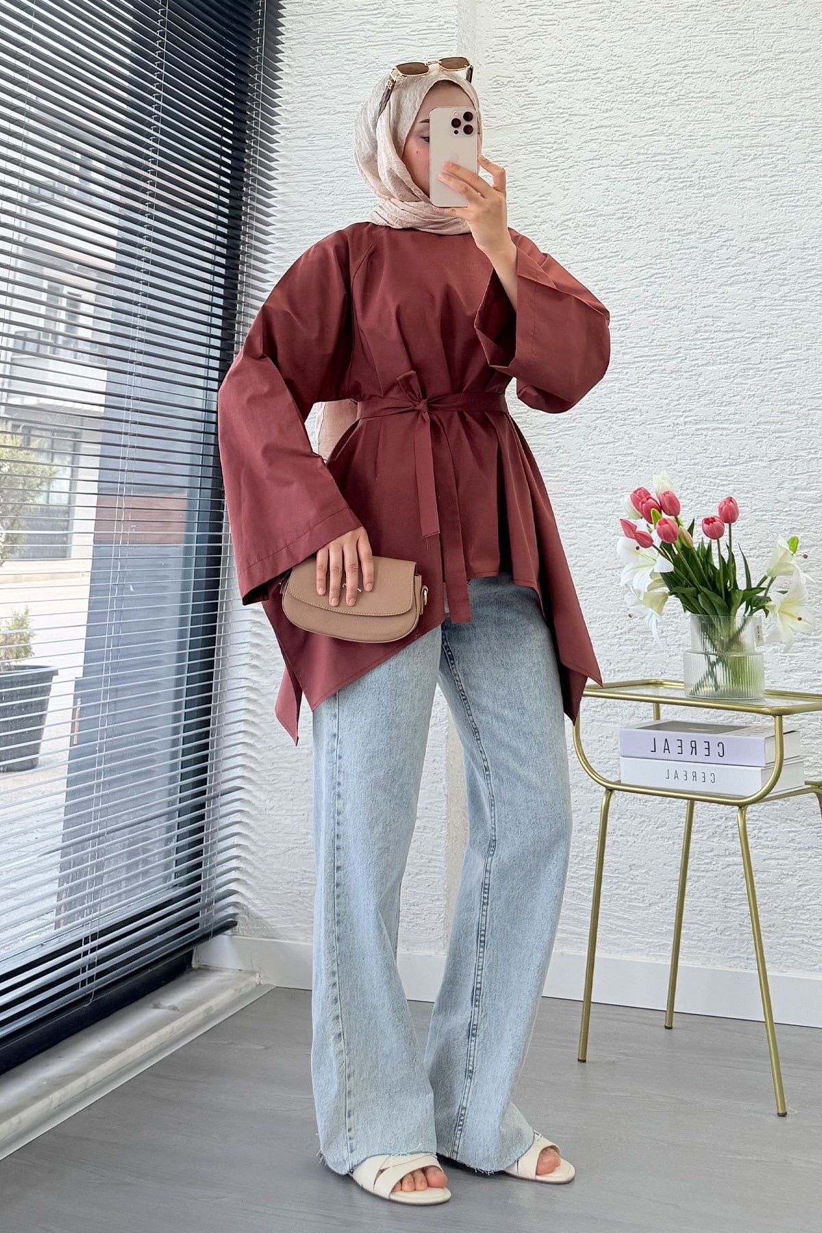 Premium Asimetrik Kesim Kuşaklı Poplin Bluz - Kiremit
