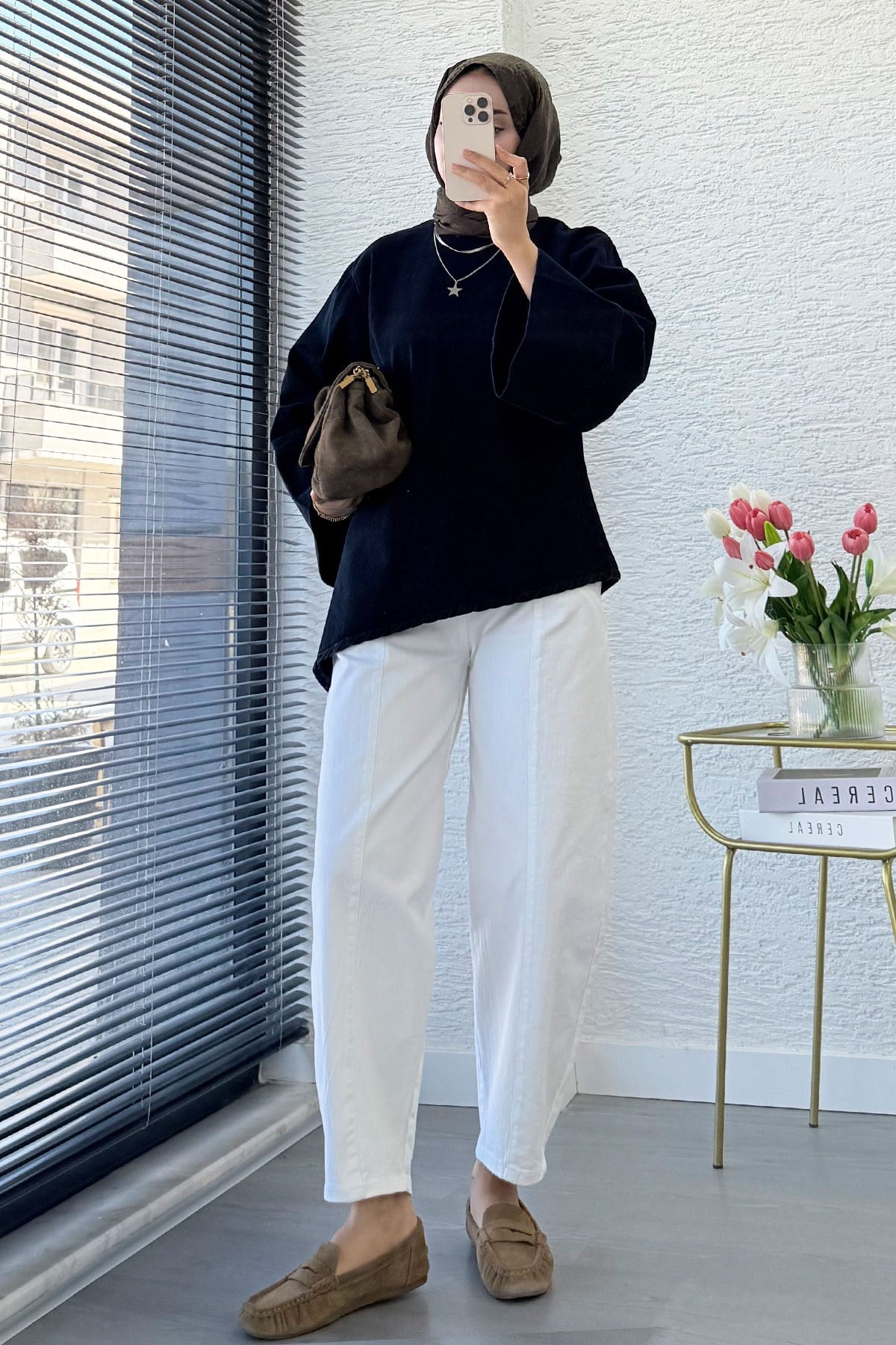 Premium Asimetrik Kesim Yandan Yırtmaçlı Denim Bluz - Koyu Mavi