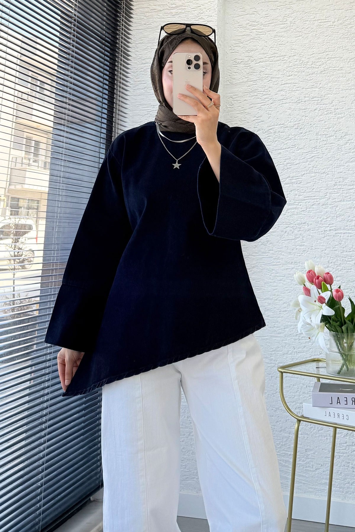 Premium Asimetrik Kesim Yandan Yırtmaçlı Denim Bluz - Koyu Mavi
