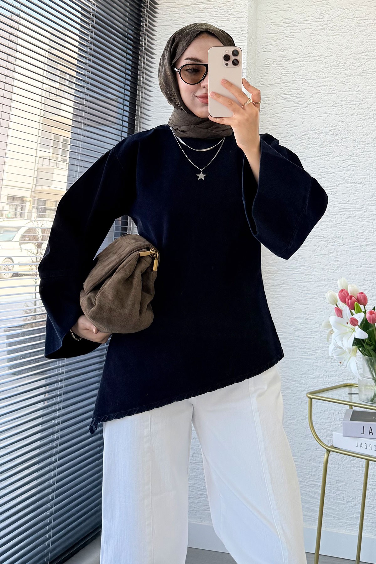 Premium Asimetrik Kesim Yandan Yırtmaçlı Denim Bluz - Koyu Mavi