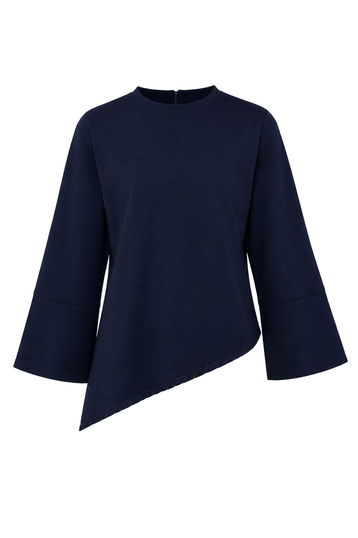 Premium Asimetrik Kesim Yandan Yırtmaçlı Denim Bluz - Koyu Mavi