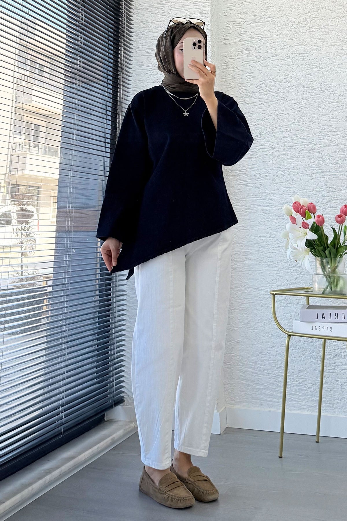 Premium Asimetrik Kesim Yandan Yırtmaçlı Denim Bluz - Koyu Mavi