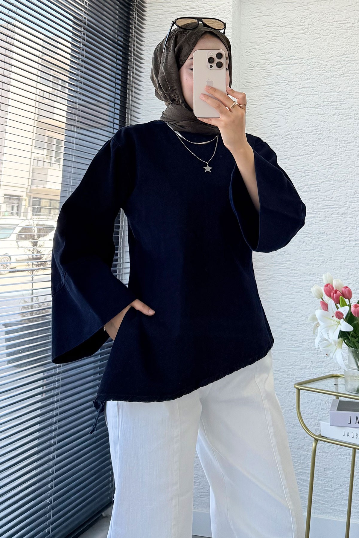 Premium Asimetrik Kesim Yandan Yırtmaçlı Denim Bluz - Koyu Mavi