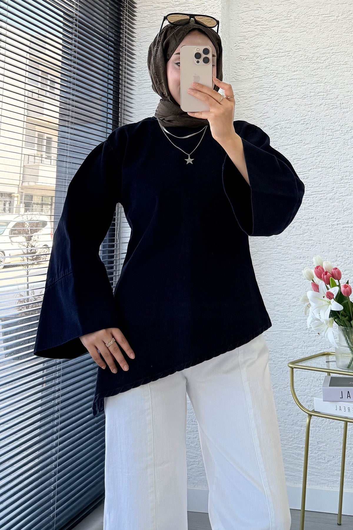 Premium Asimetrik Kesim Yandan Yırtmaçlı Denim Bluz - Koyu Mavi