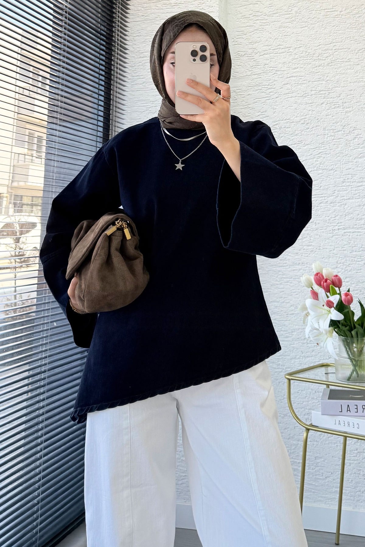 Premium Asimetrik Kesim Yandan Yırtmaçlı Denim Bluz - Koyu Mavi