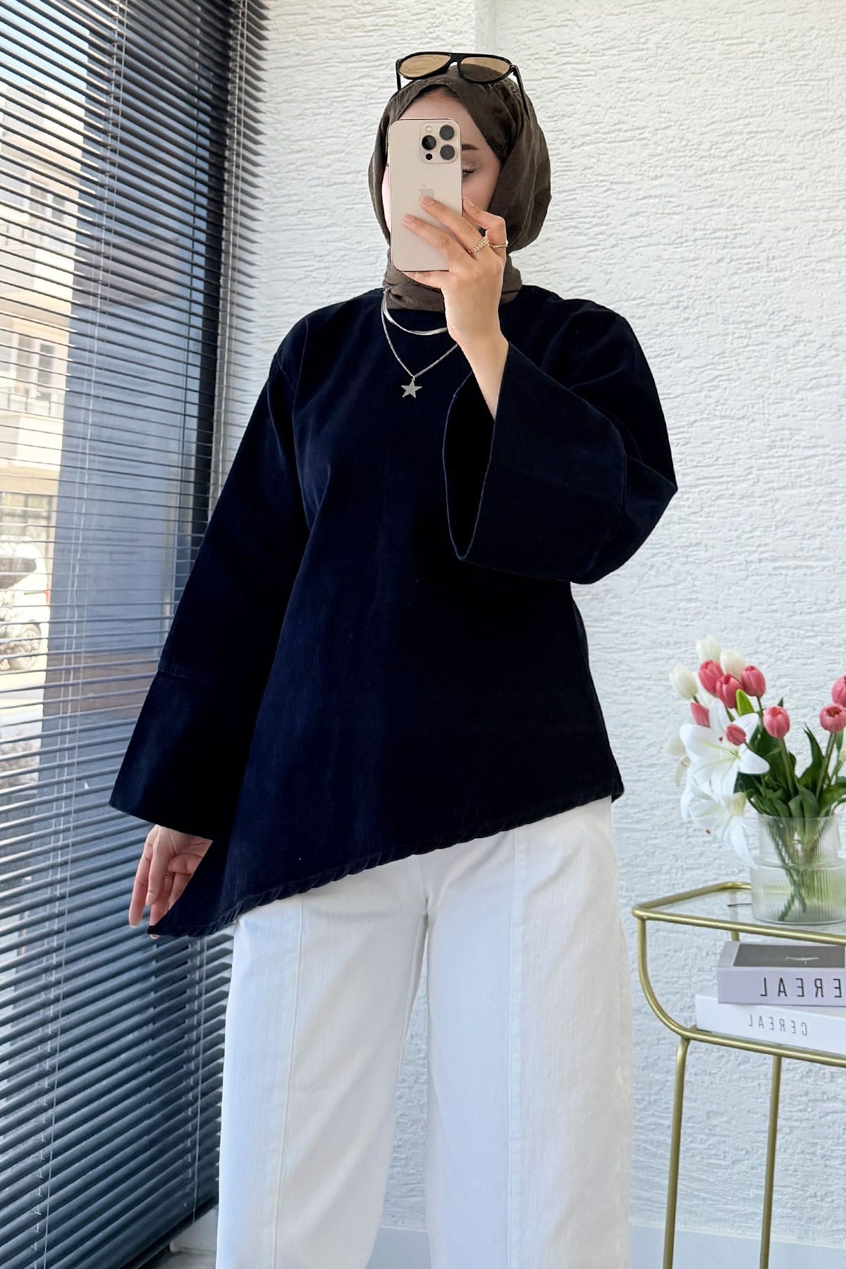 Premium Asimetrik Kesim Yandan Yırtmaçlı Denim Bluz - Koyu Mavi