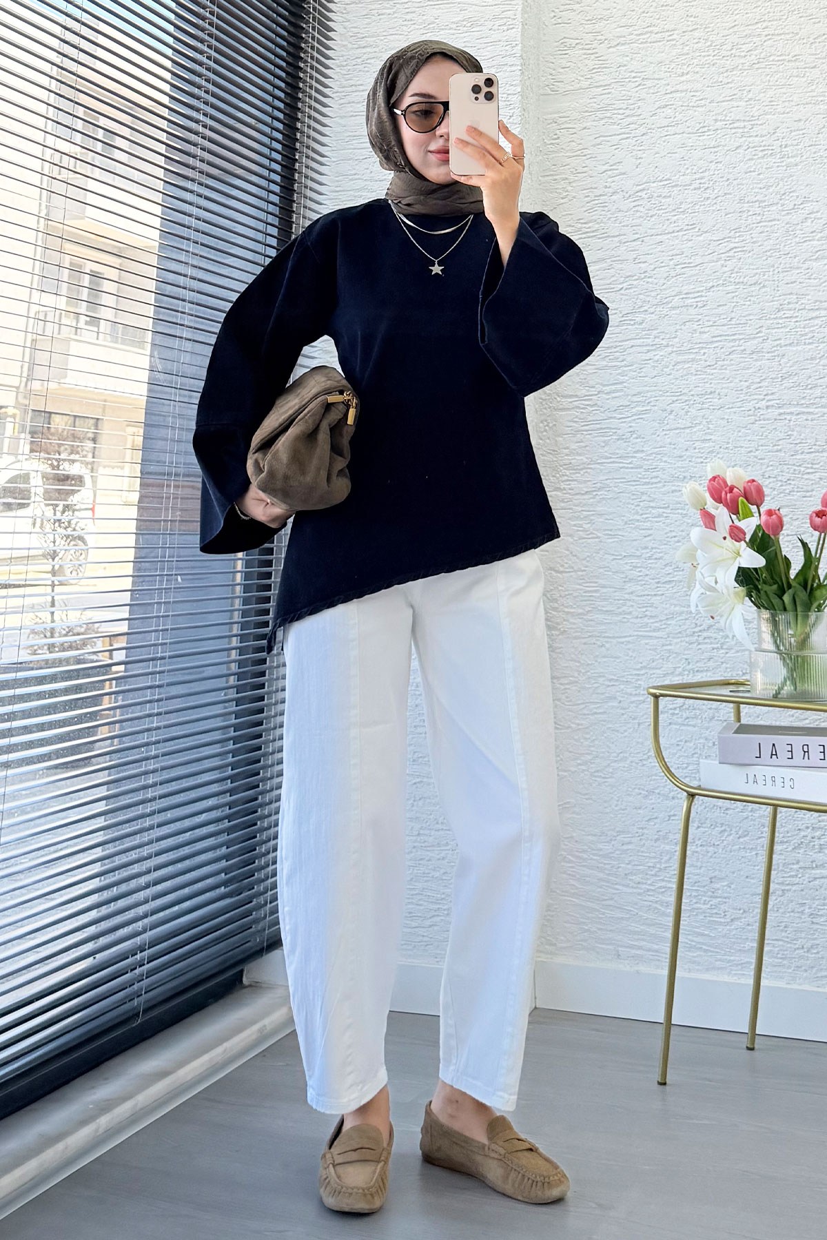 Premium Asimetrik Kesim Yandan Yırtmaçlı Denim Bluz - Koyu Mavi