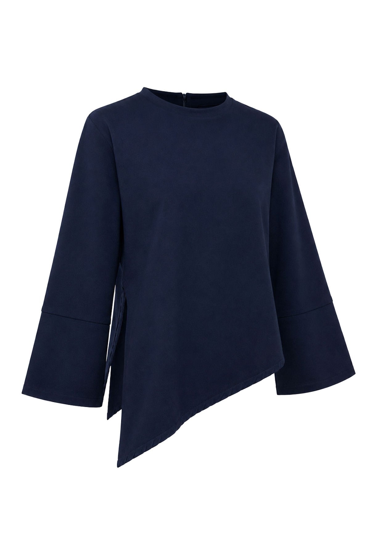 Premium Asimetrik Kesim Yandan Yırtmaçlı Denim Bluz - Koyu Mavi