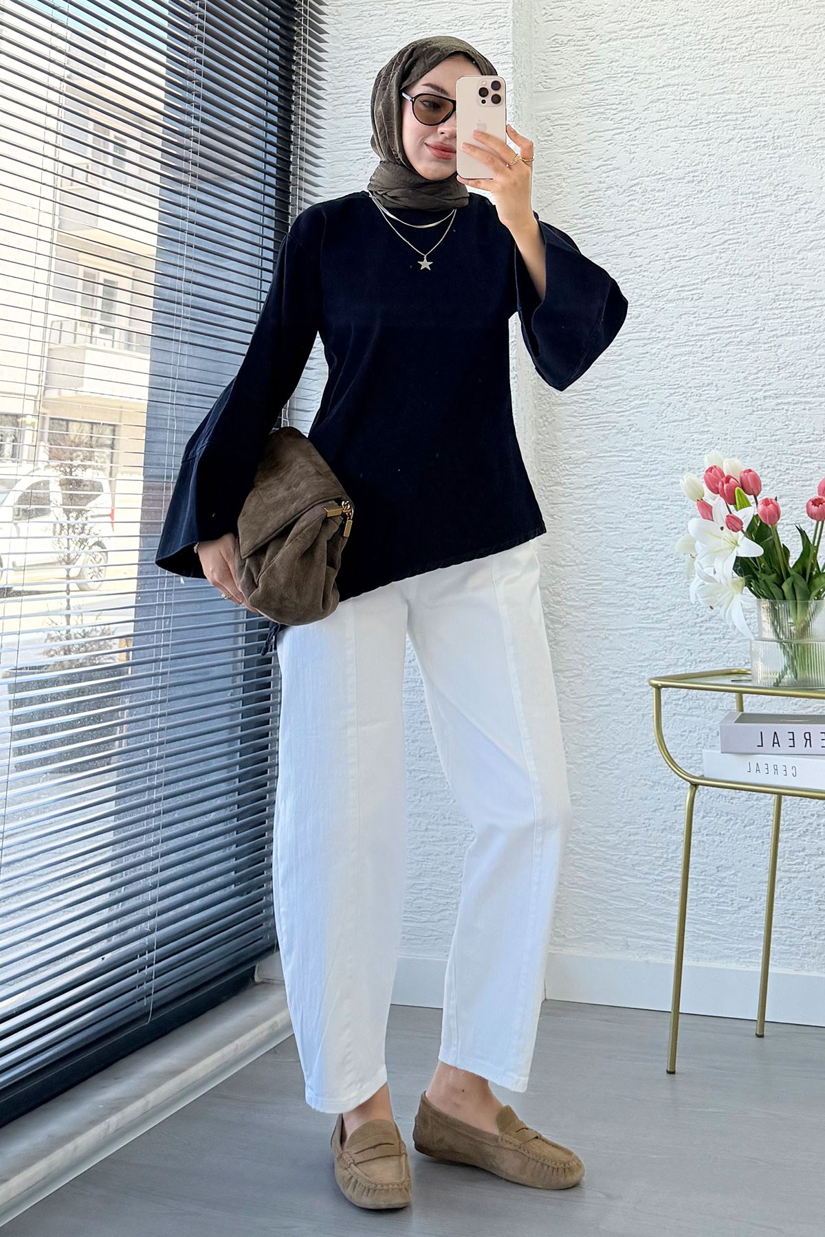Premium Asimetrik Kesim Yandan Yırtmaçlı Denim Bluz - Koyu Mavi