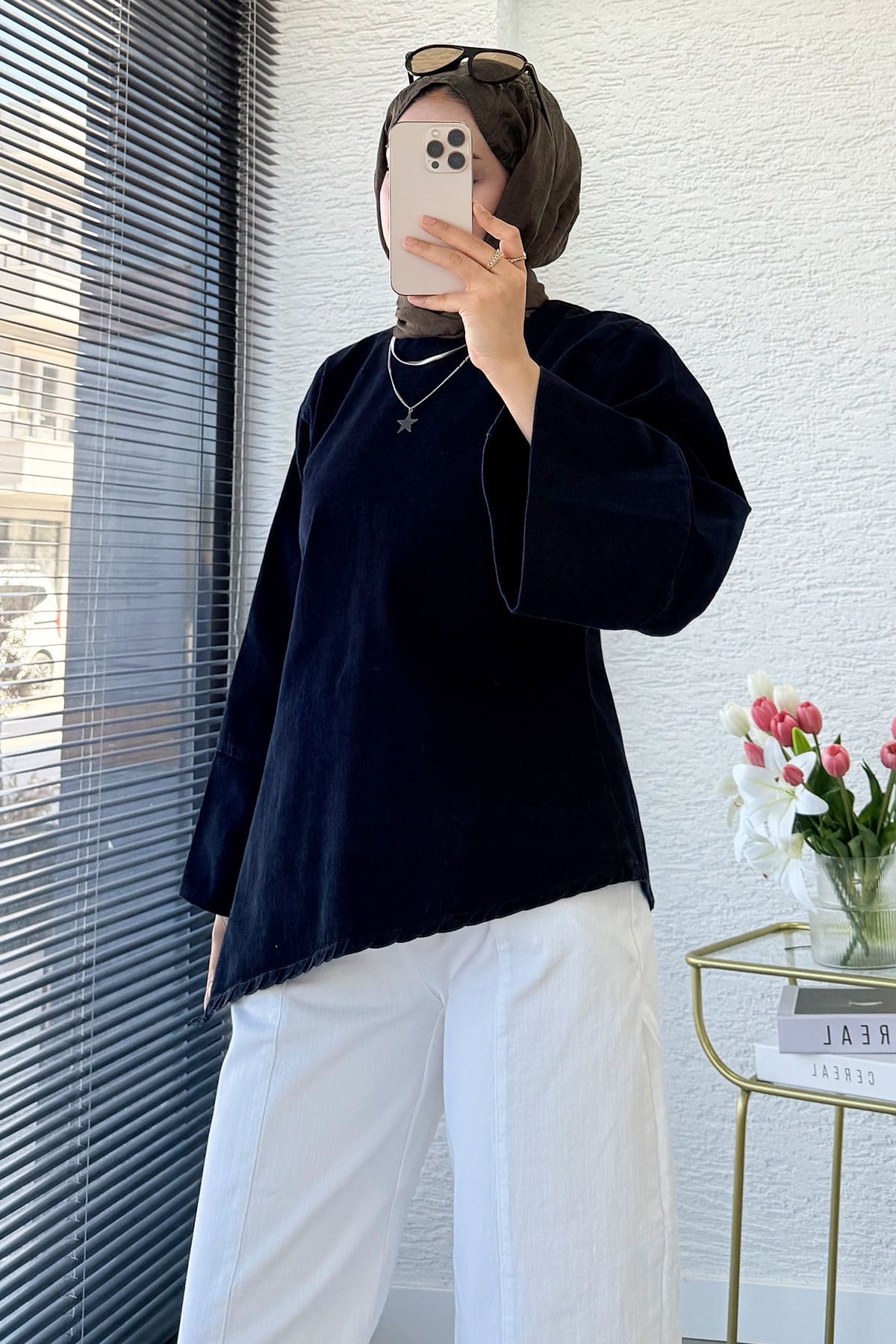 Premium Asimetrik Kesim Yandan Yırtmaçlı Denim Bluz - Koyu Mavi