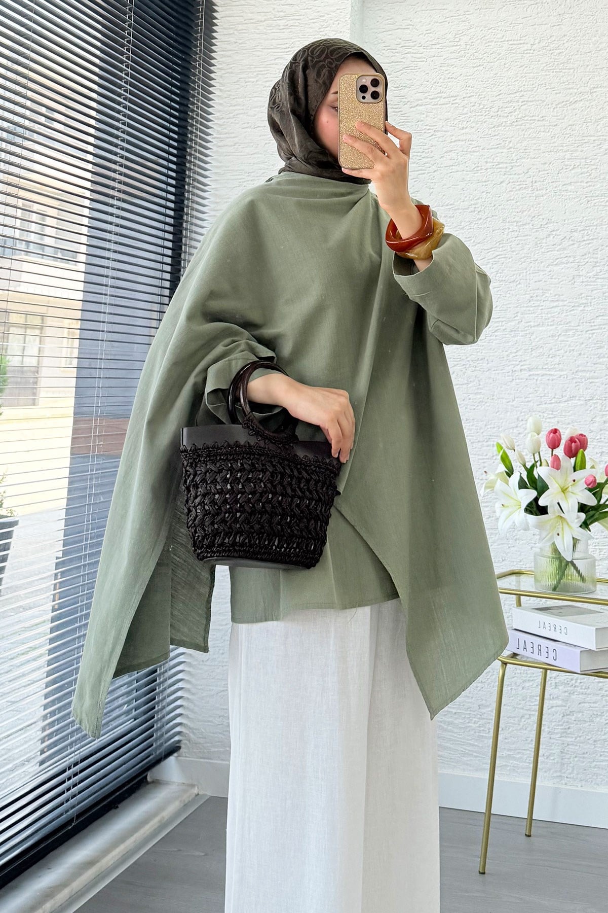 Premium Asimetrik Pelerinli Keten Tunik - Yeşil