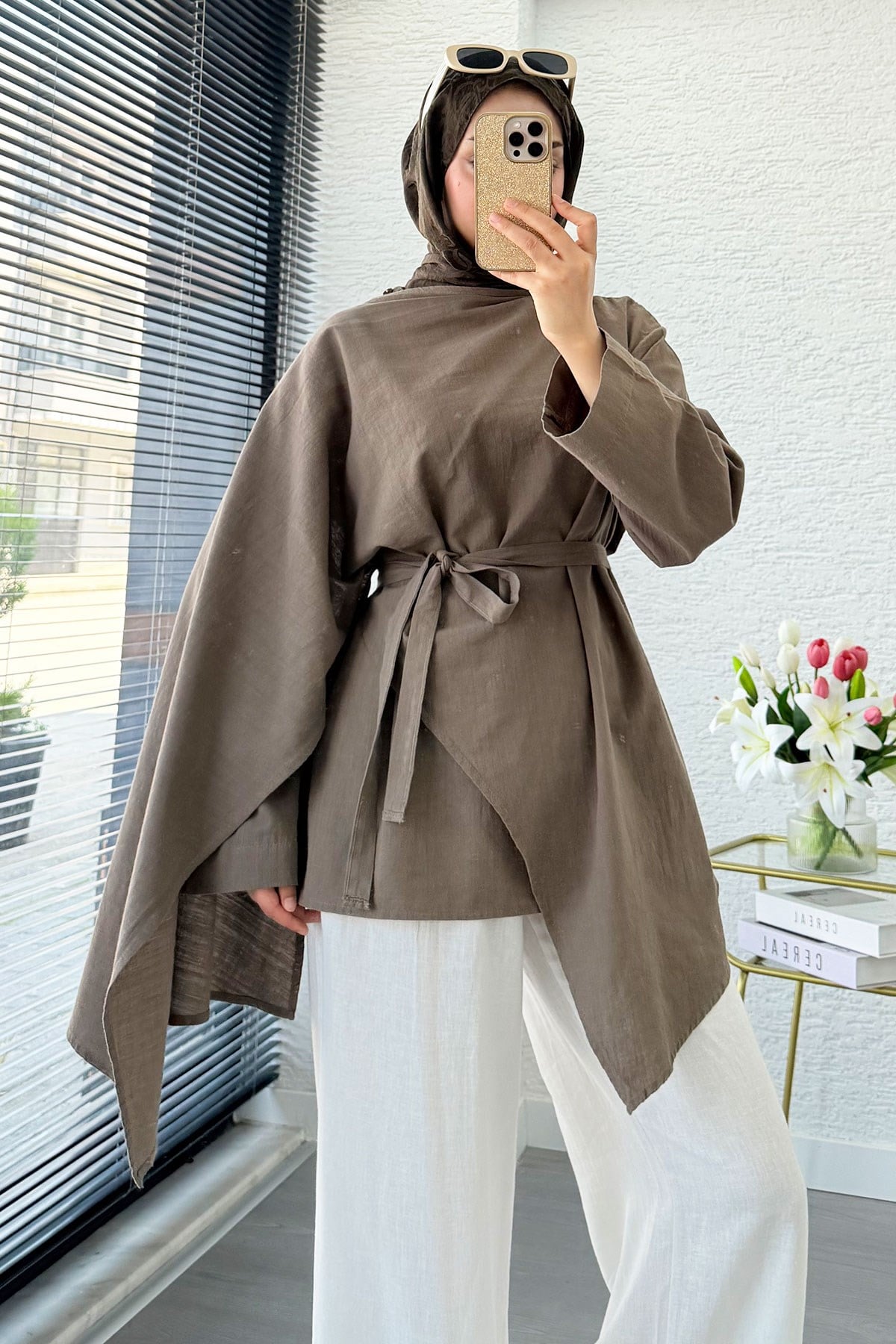 Premium Asimetrik Pelerinli Keten Tunik - Haki