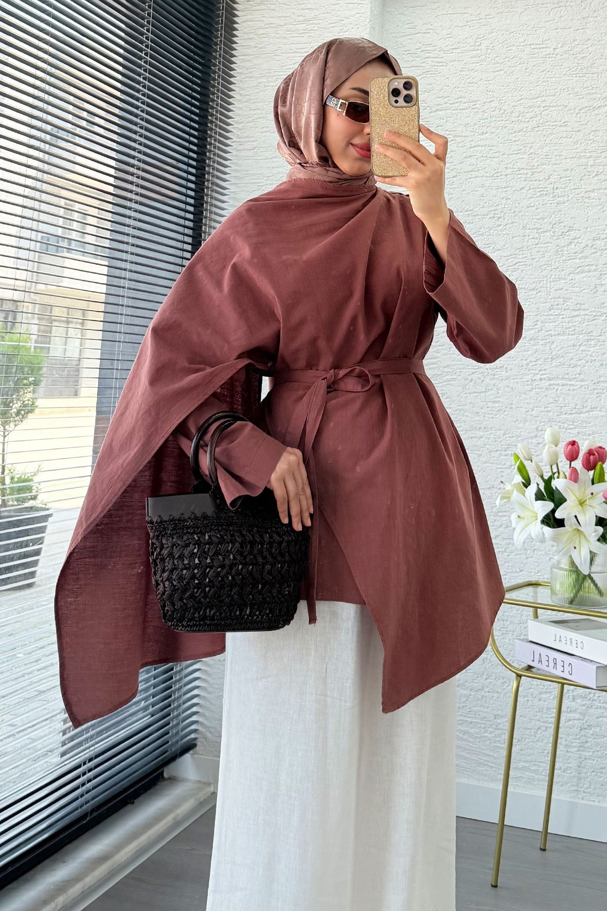 Premium Asimetrik Pelerinli Keten Tunik - Kiremit