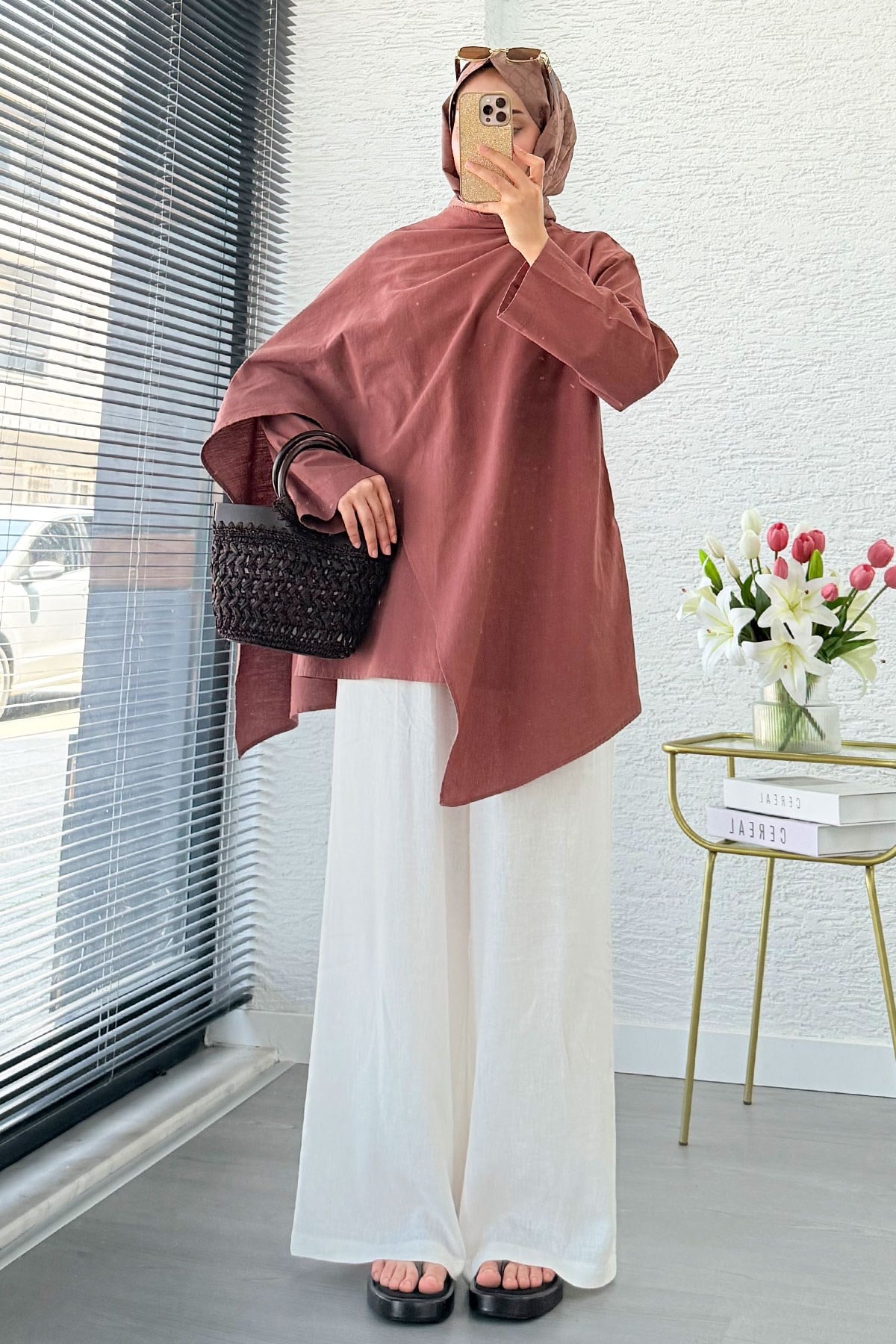 Premium Asimetrik Pelerinli Keten Tunik - Kiremit