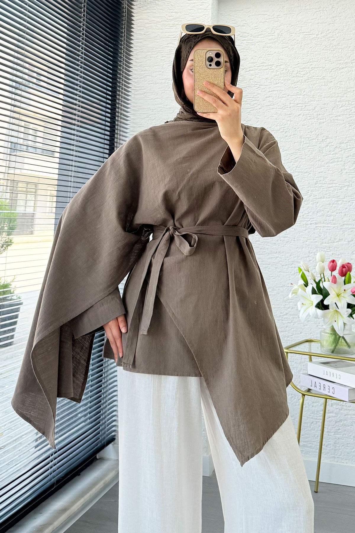 Premium Asimetrik Pelerinli Keten Tunik - Haki