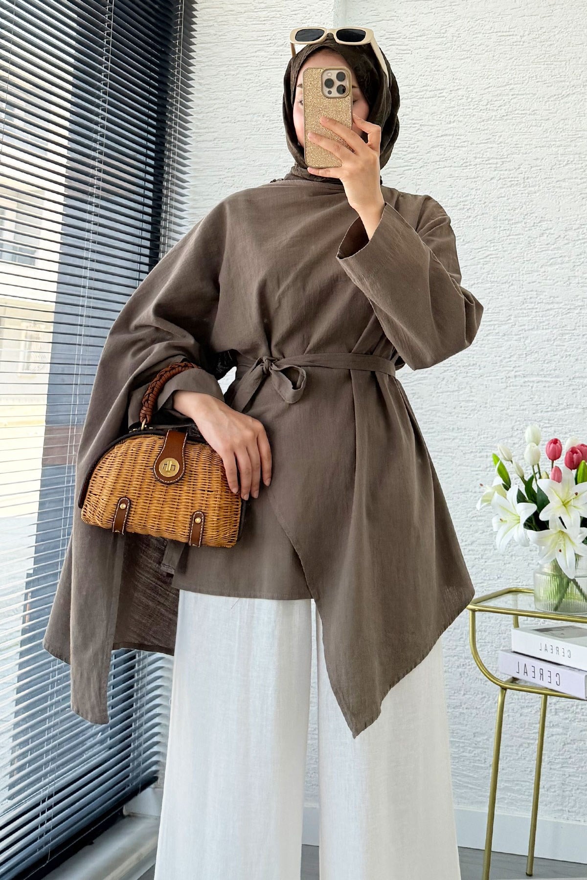 Premium Asimetrik Pelerinli Keten Tunik - Haki