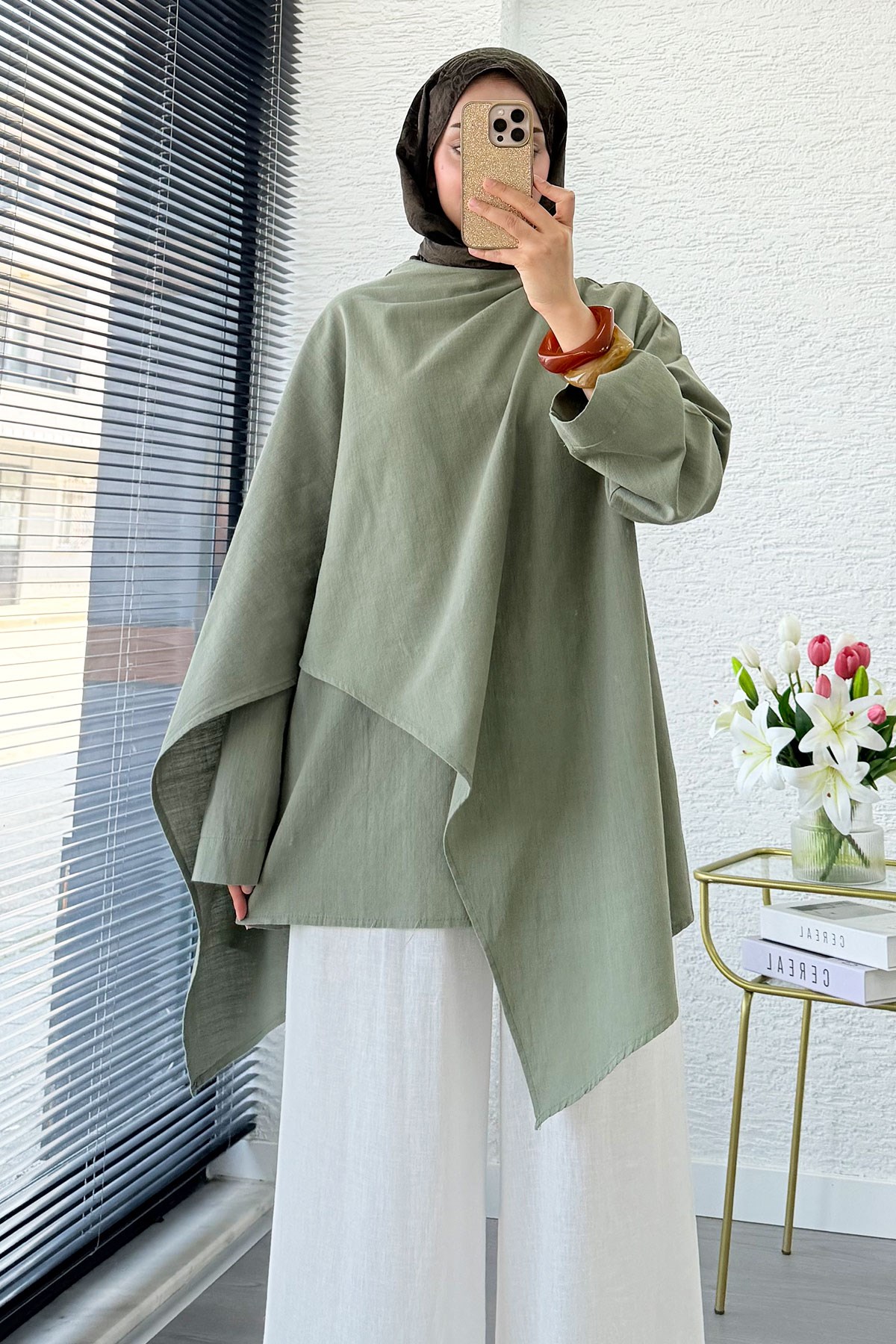 Premium Asimetrik Pelerinli Keten Tunik - Yeşil